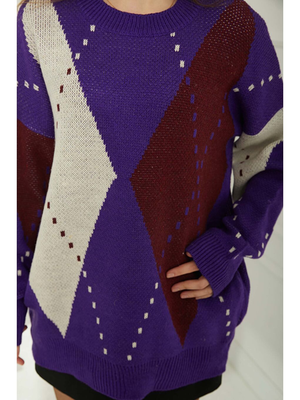 Baklava Desen Triko Kazak Beyaz Mor - 27671-4