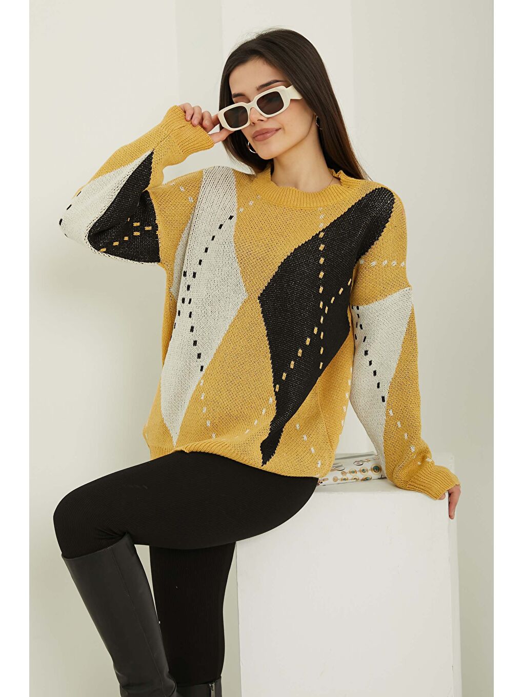 Sarı Baklava Desen Triko Kazak Sari Siyah - 27671-2