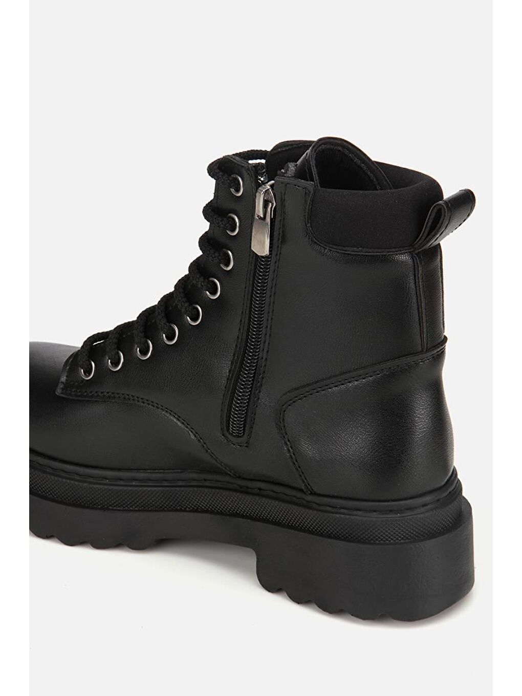 Kadın Siyah Bağcıklı Postal Düz Bot-5