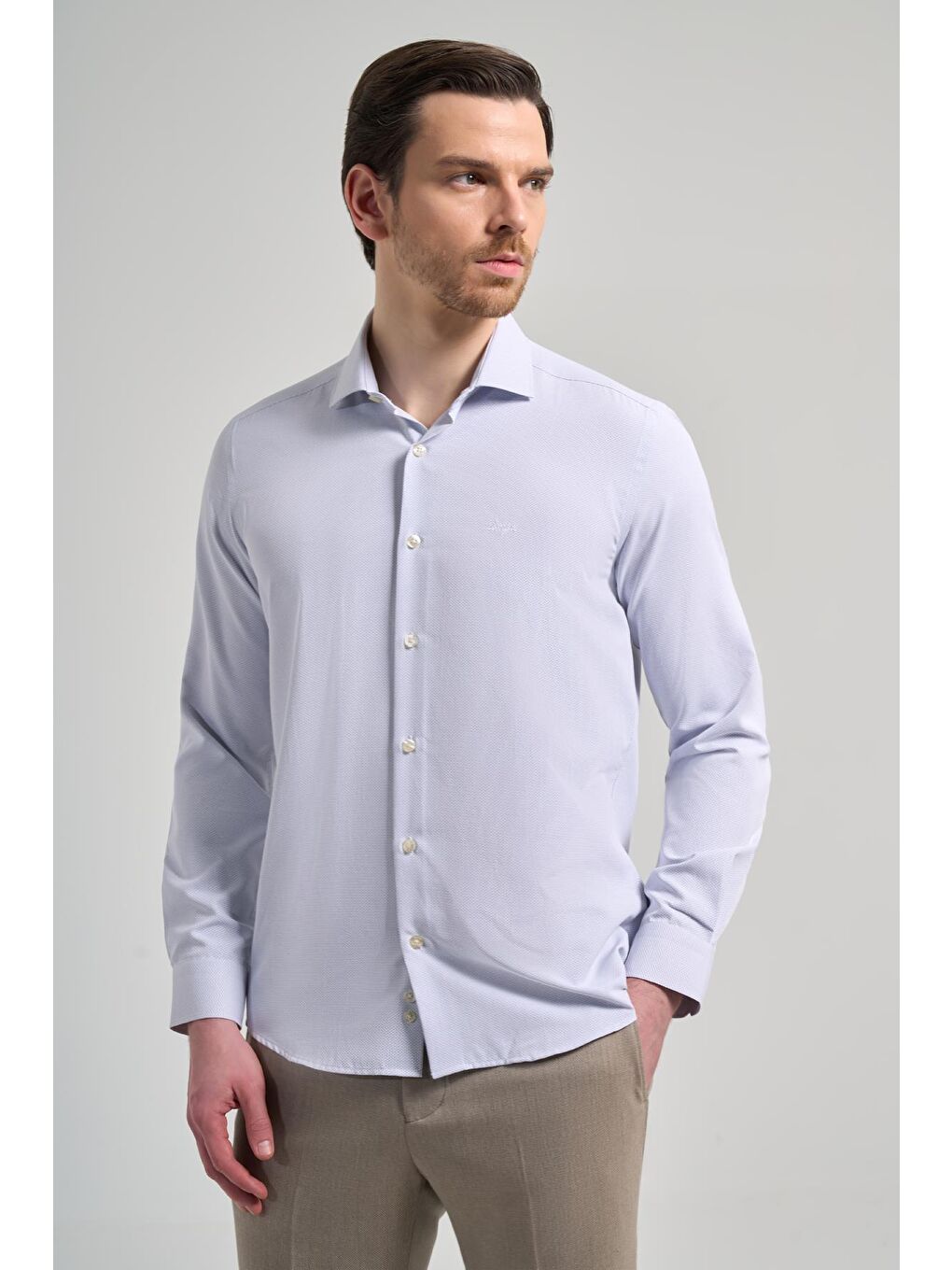 Mavi Uzun Kol Desenli Armürlü İtalyan Yaka Cepsiz Pamuklu Classic Slim Fit Gömlek 1004250161-2