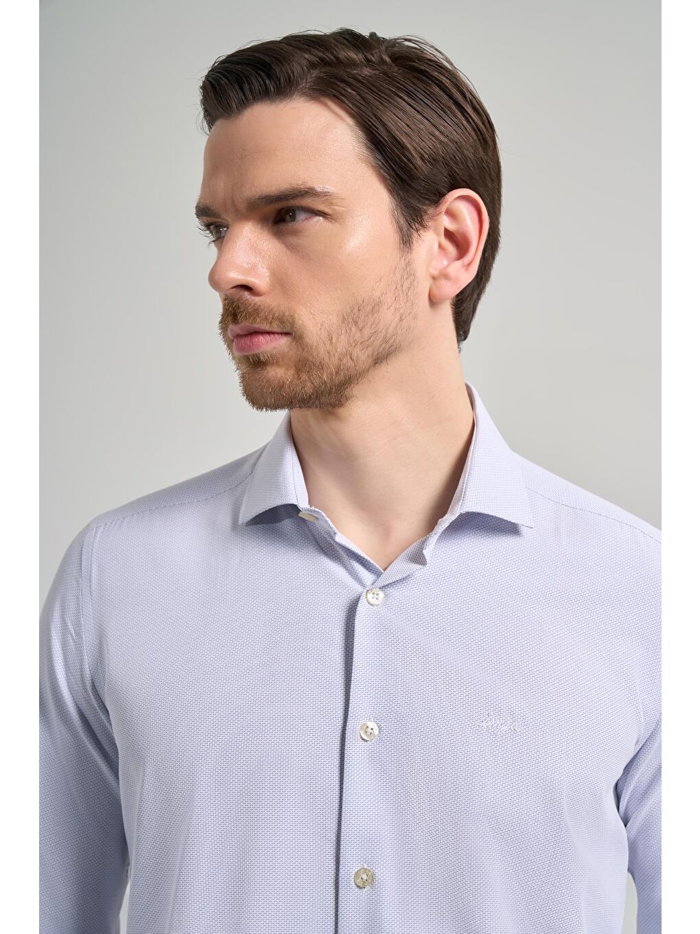 Mavi Uzun Kol Desenli Armürlü İtalyan Yaka Cepsiz Pamuklu Classic Slim Fit Gömlek 1004250161-3