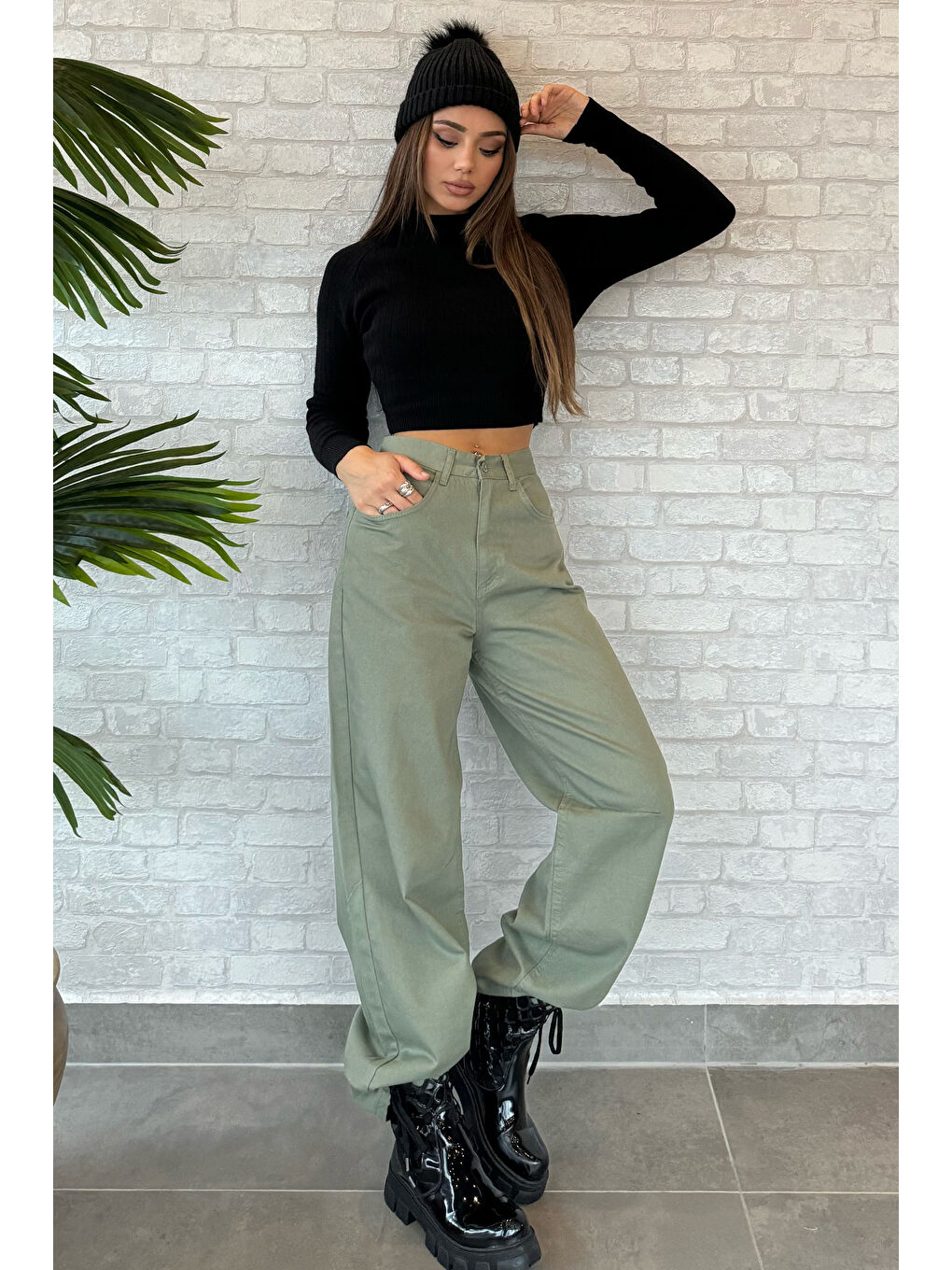 Haki Arkası Tokalı Kadın Gabardin Pantolon