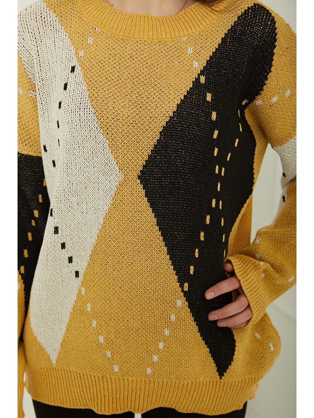 Sarı Baklava Desen Triko Kazak Sari Siyah - 27671-3