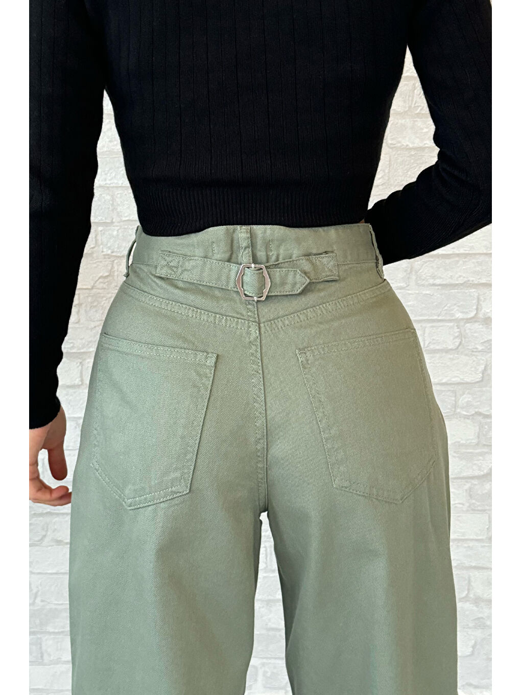 Haki Arkası Tokalı Kadın Gabardin Pantolon-2