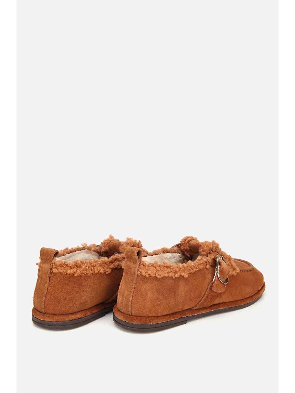 Kahverengi Kadın Süet Deri Taba İçi Kürklü Tokalı Günlük Loafer-3