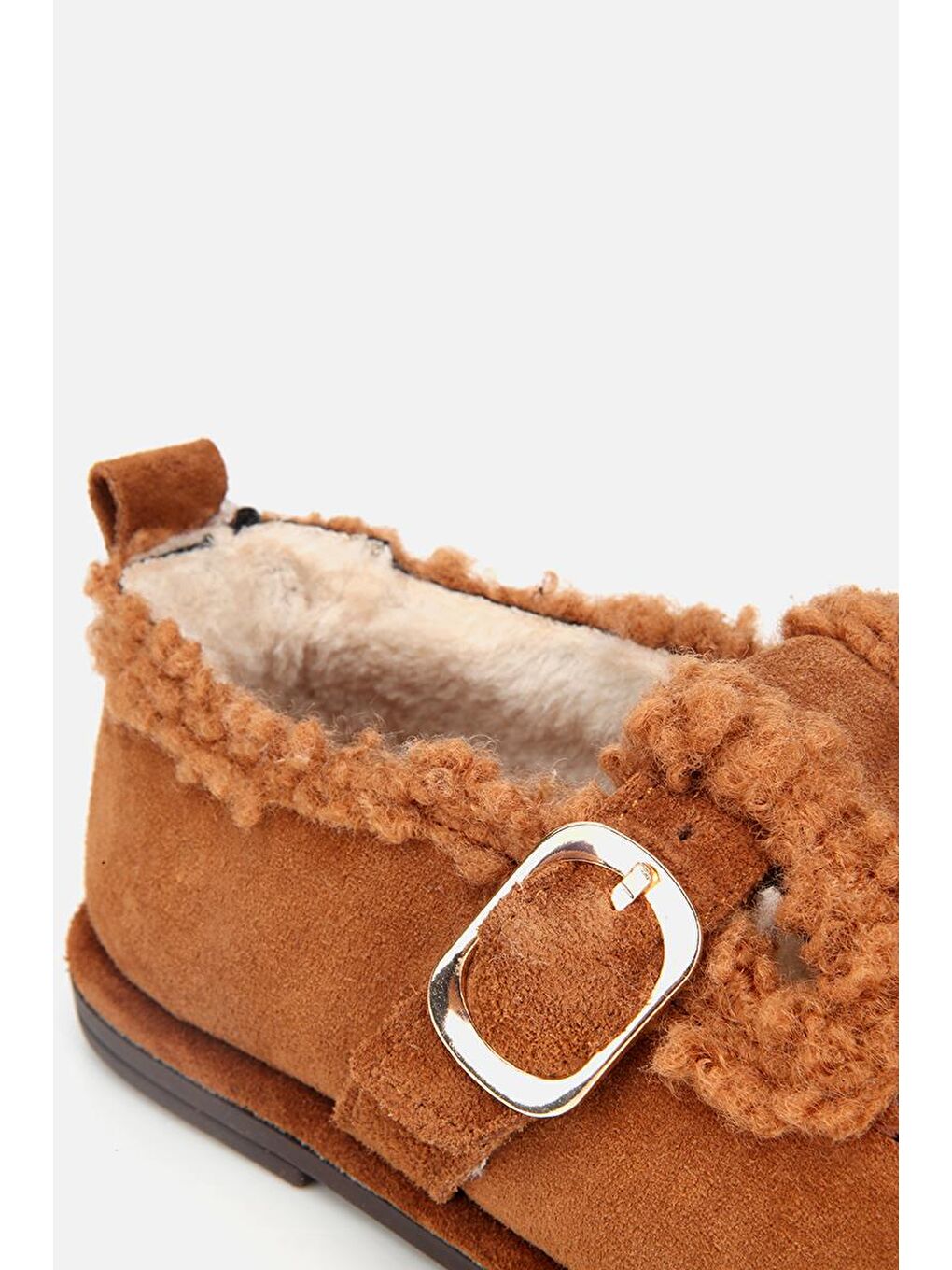 Kahverengi Kadın Süet Deri Taba İçi Kürklü Tokalı Günlük Loafer-4