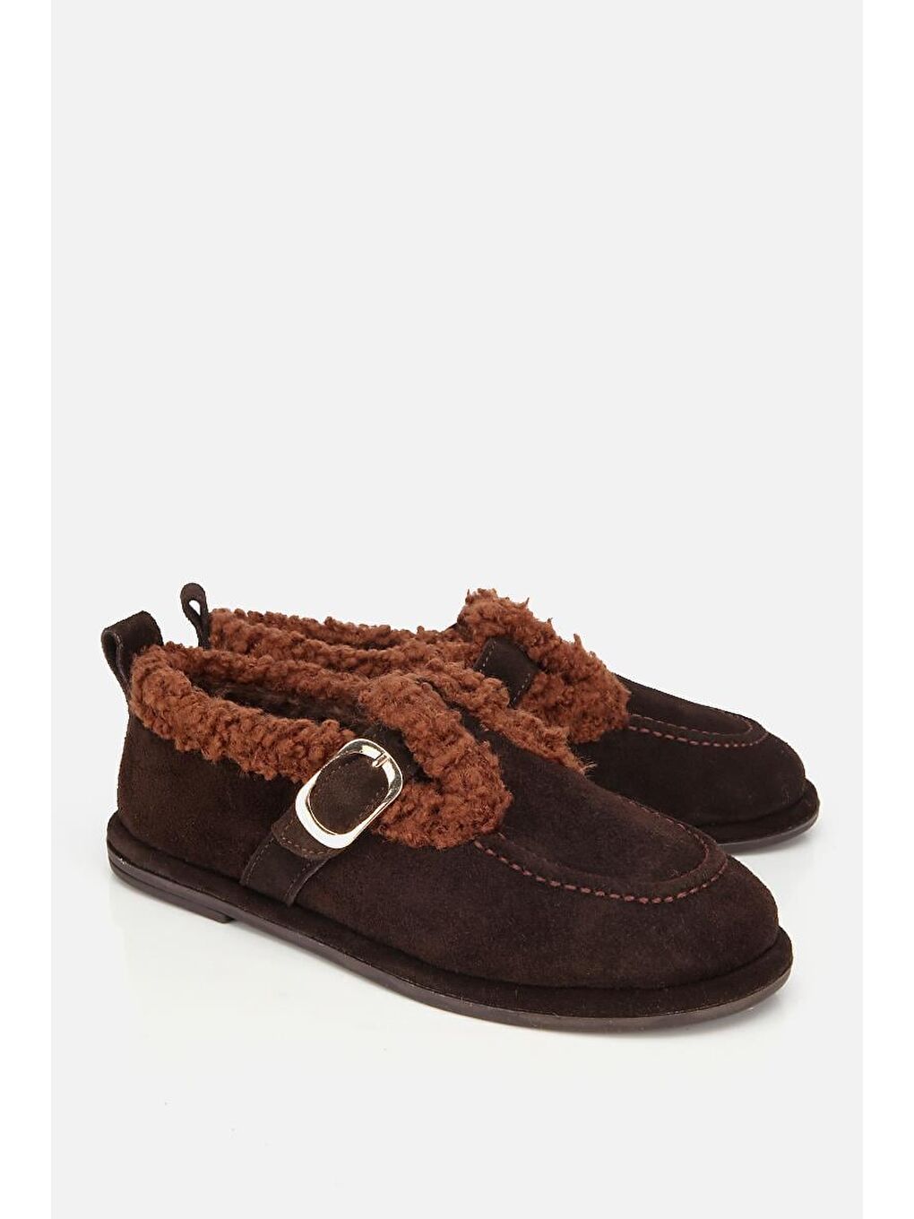 Kadın Süet Deri Kahverengi İçi Kürklü Tokalı Günlük Loafer-1