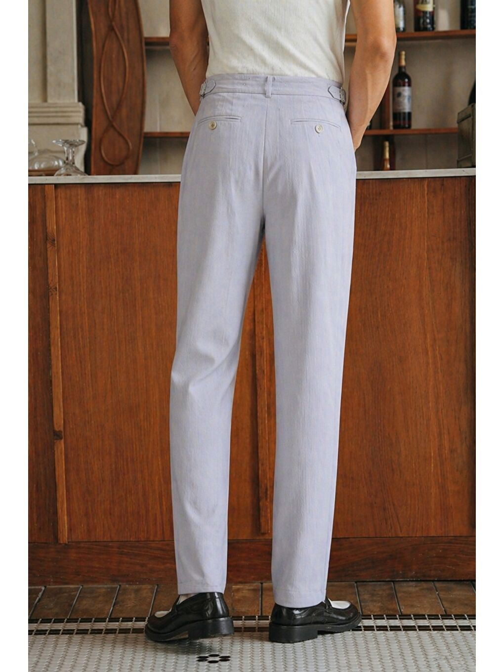 Gri Erkek Pileli Old Money Klasik Kumaş Pantolon Rahat Kalıp Yazlık-2