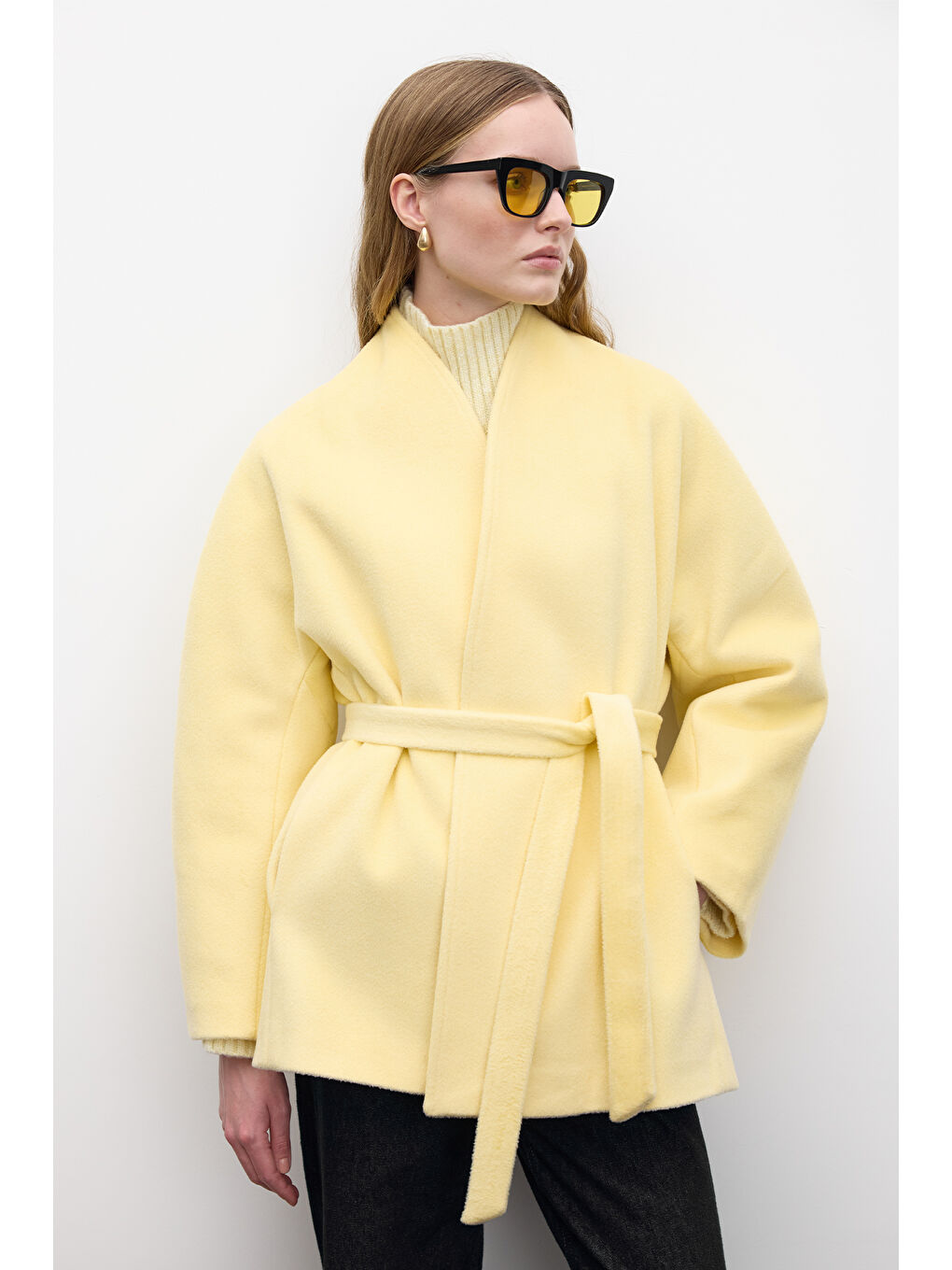 Kimono Tarzı Kaşe Kaban Sarı-1