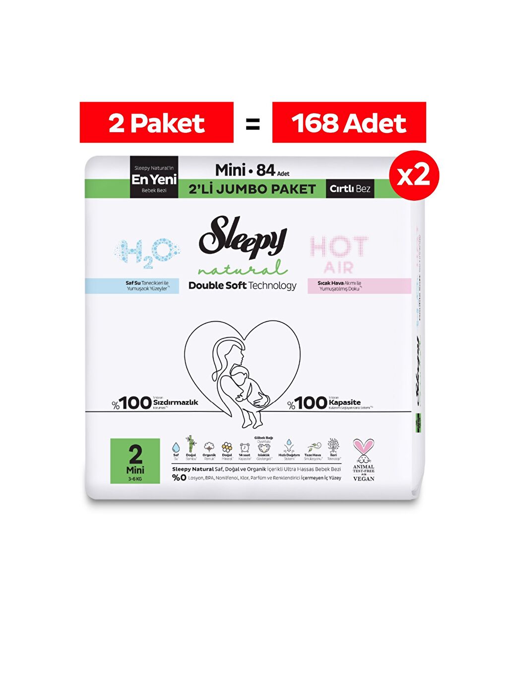Natural Double Soft Avantajlı Mega Paket Bebek Bezi 2 Numara Mini 168 Adet-1