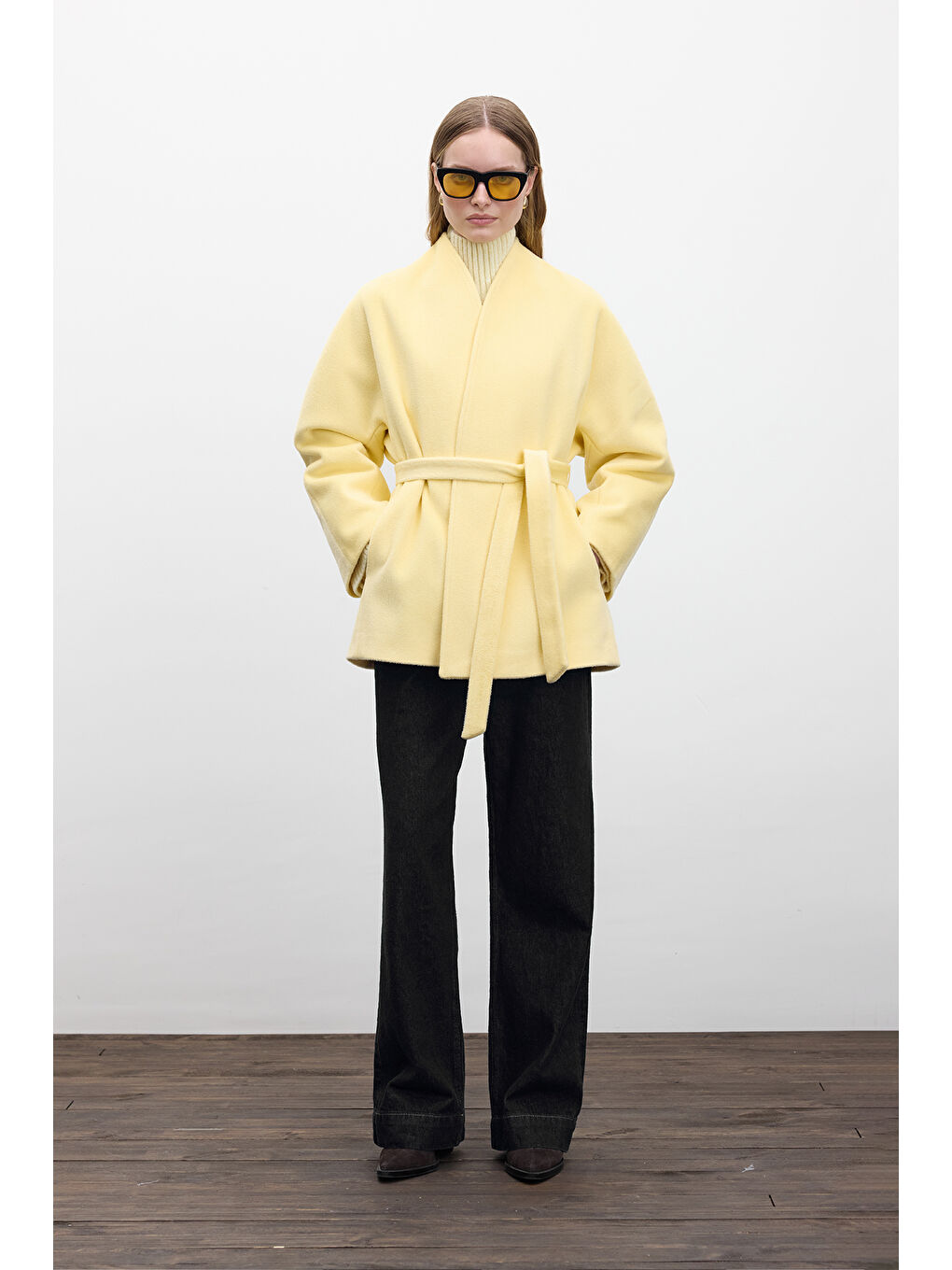 Kimono Tarzı Kaşe Kaban Sarı-3