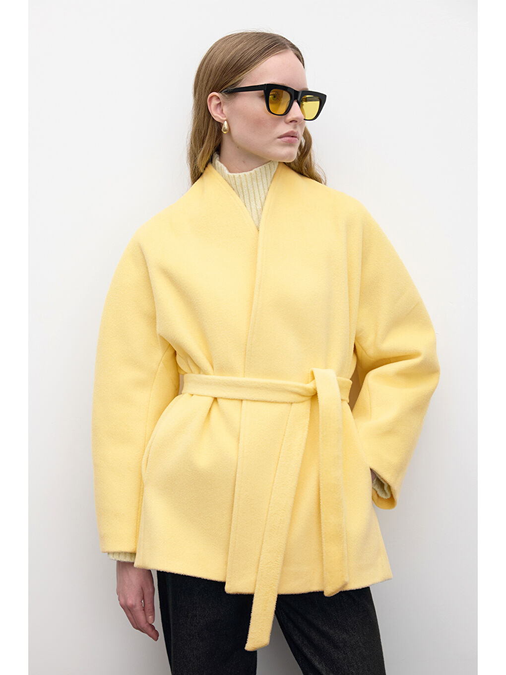 Kimono Tarzı Kaşe Kaban Sarı-4