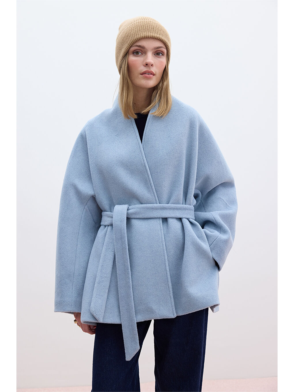 Kimono Tarzı Kaşe Kaban Mavi