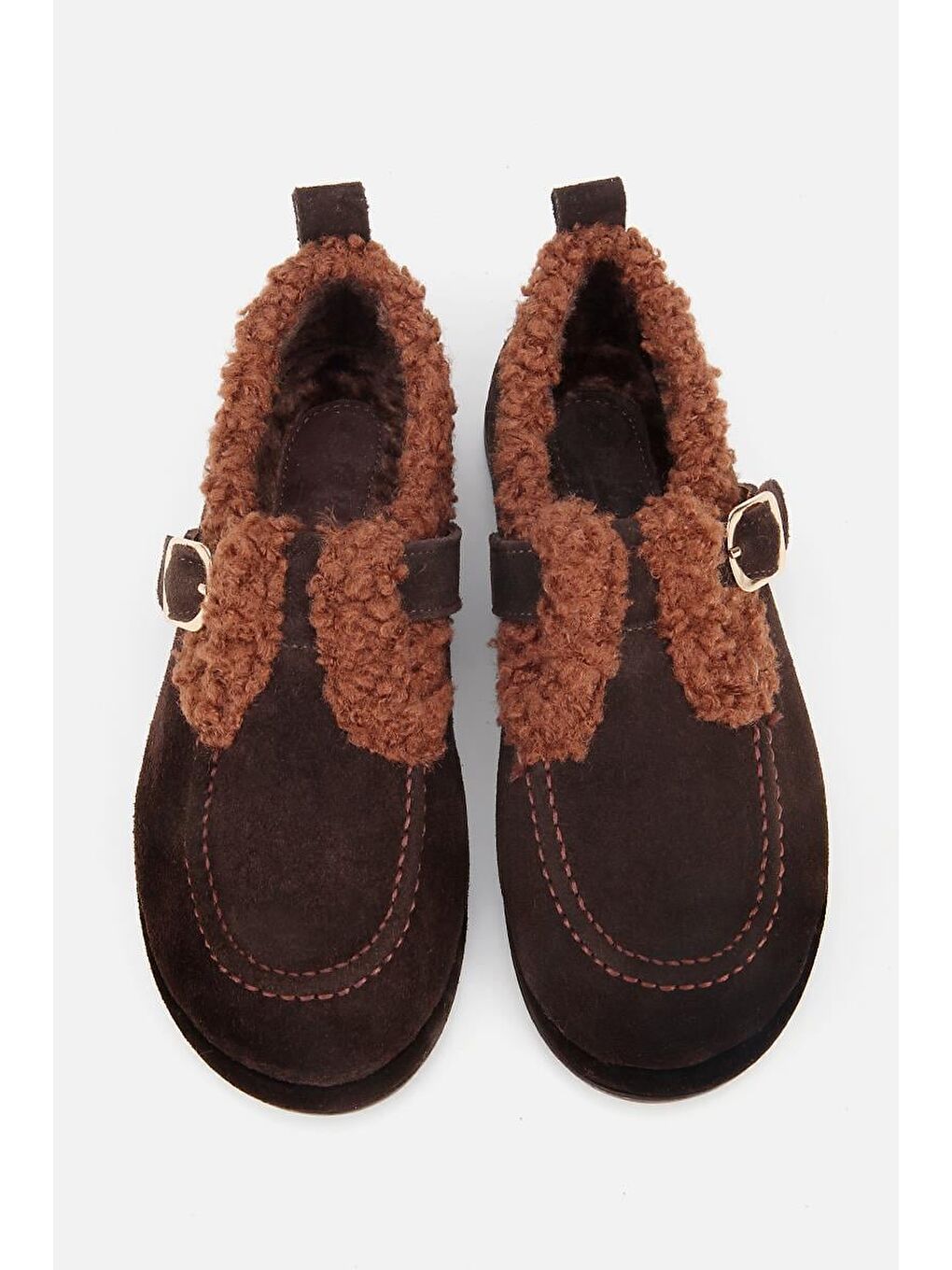 Kadın Süet Deri Kahverengi İçi Kürklü Tokalı Günlük Loafer-6