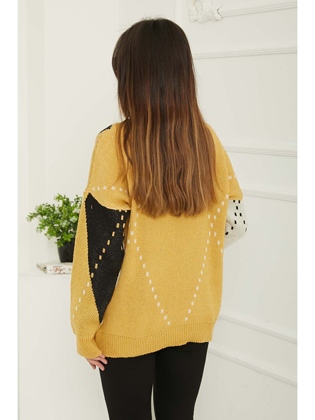 Sarı Baklava Desen Triko Kazak Sari Siyah - 27671-4