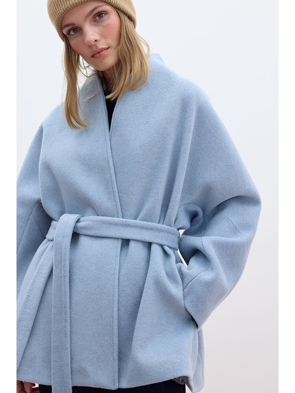 Kimono Tarzı Kaşe Kaban Mavi-2