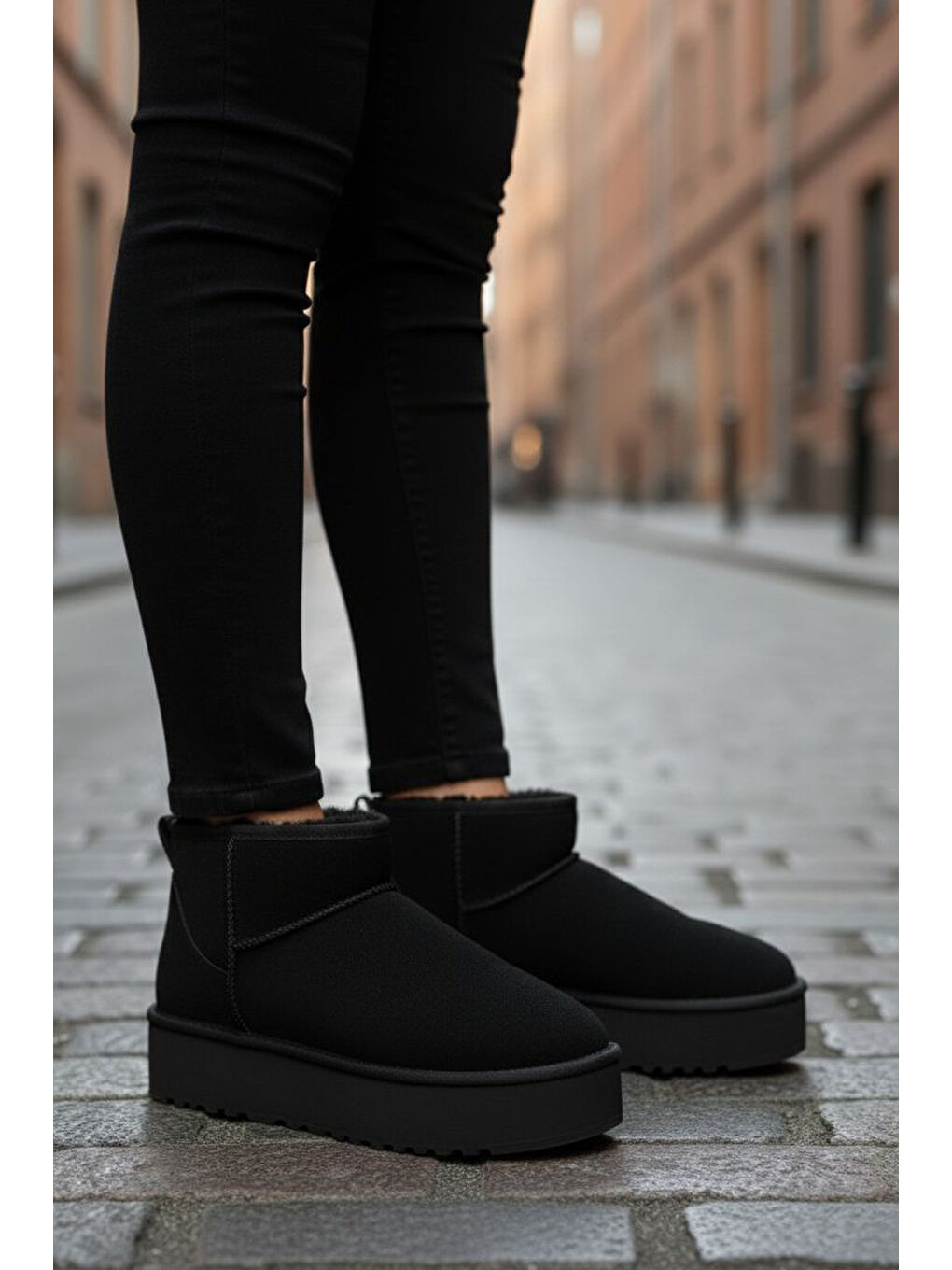 Kadın Siyah Yüksek Taban Yarım Süet Bot - 28078-SIYAH-1