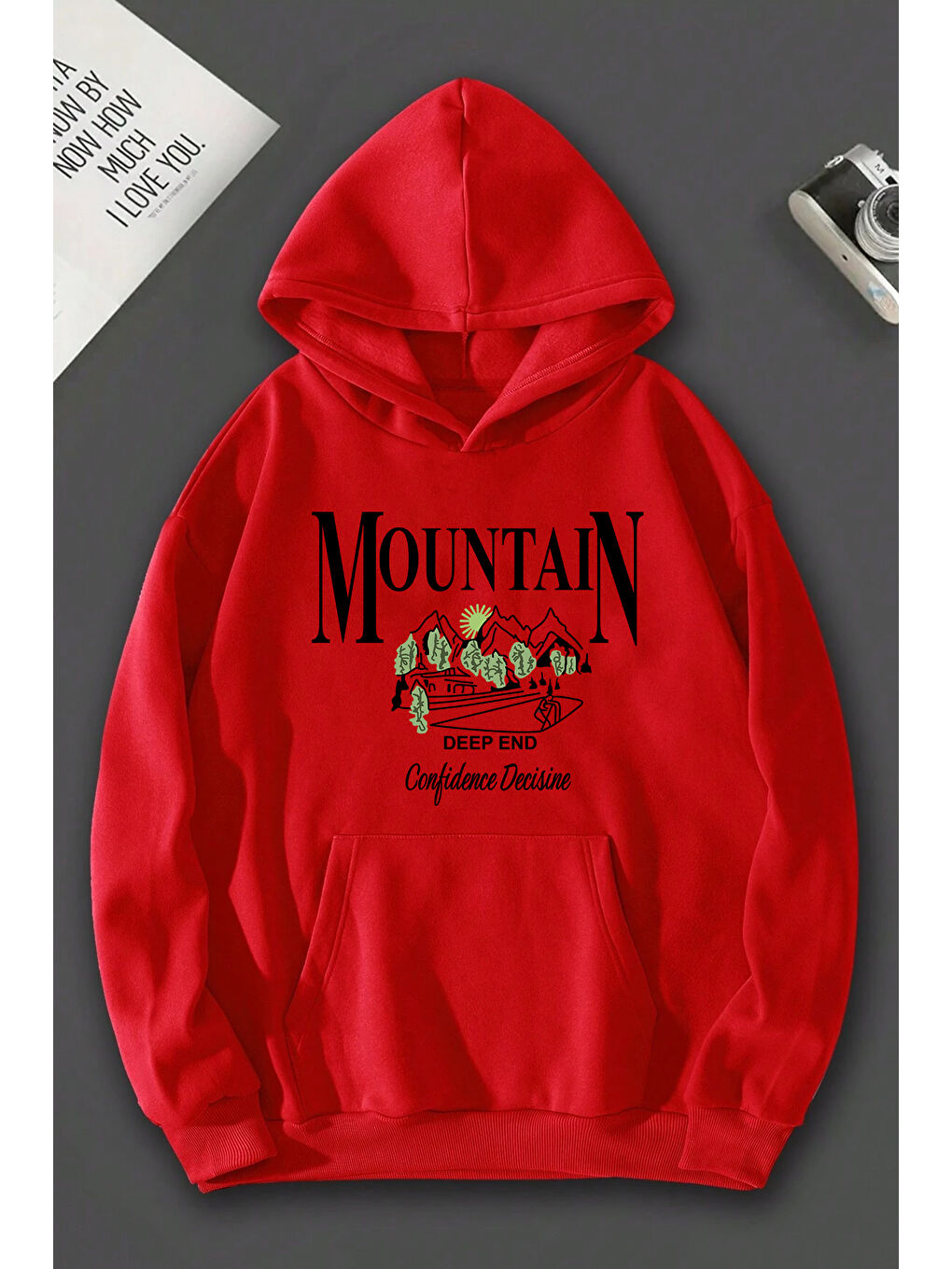 uyguntarz Kırmızı Unisex Montain Baskılı  Hoodie