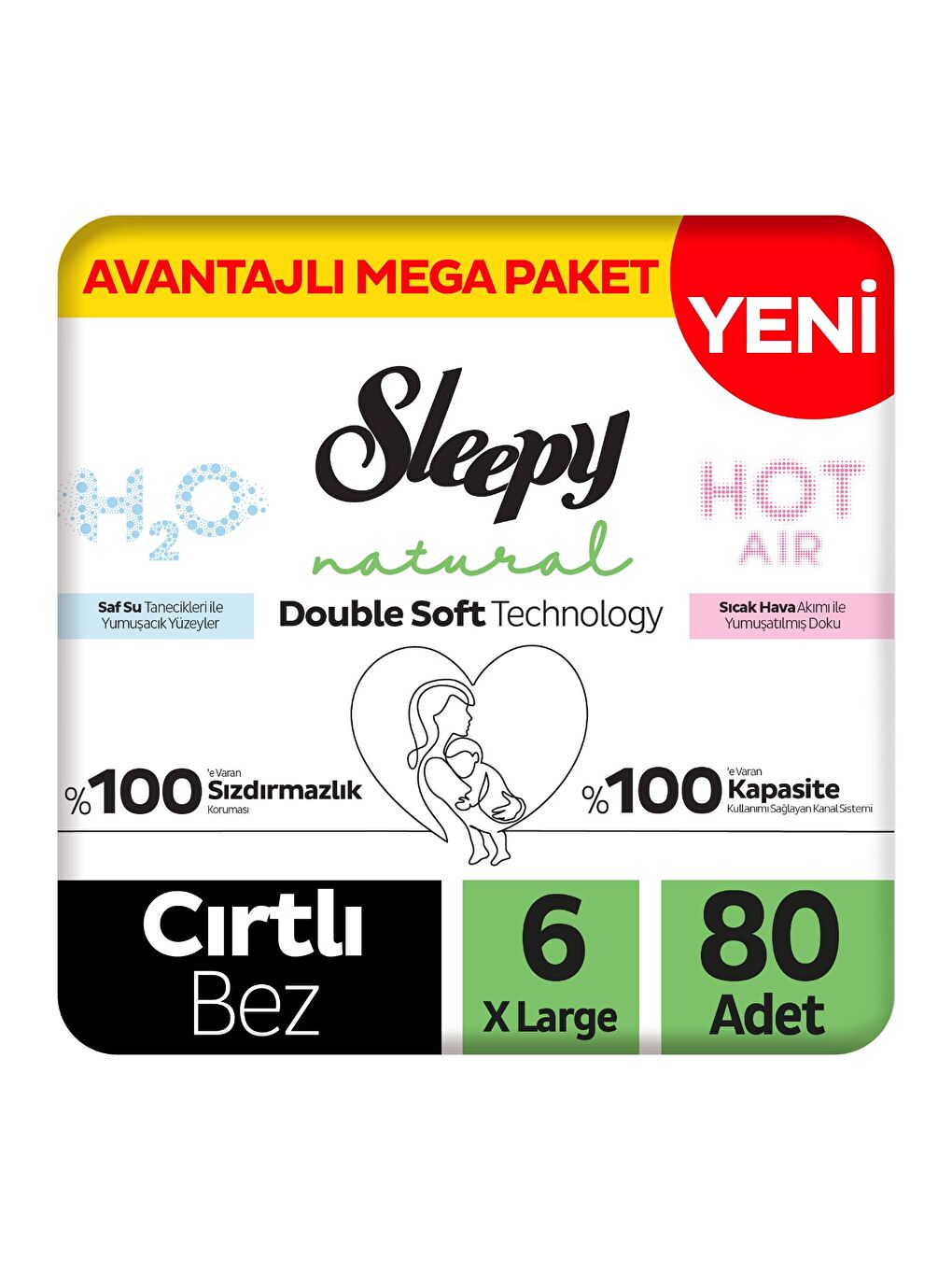 Natural Double Soft Avantajlı Mega Paket Bebek Bezi 6 Numara Xlarge 80 Adet