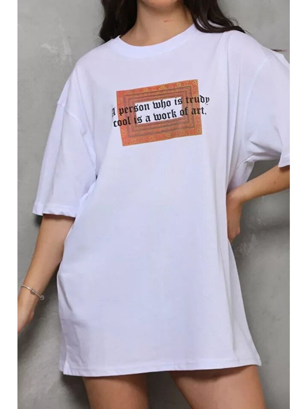 Unisex Bisiklet Yaka Baskılı Oversize T-Shirt - Beyaz-1