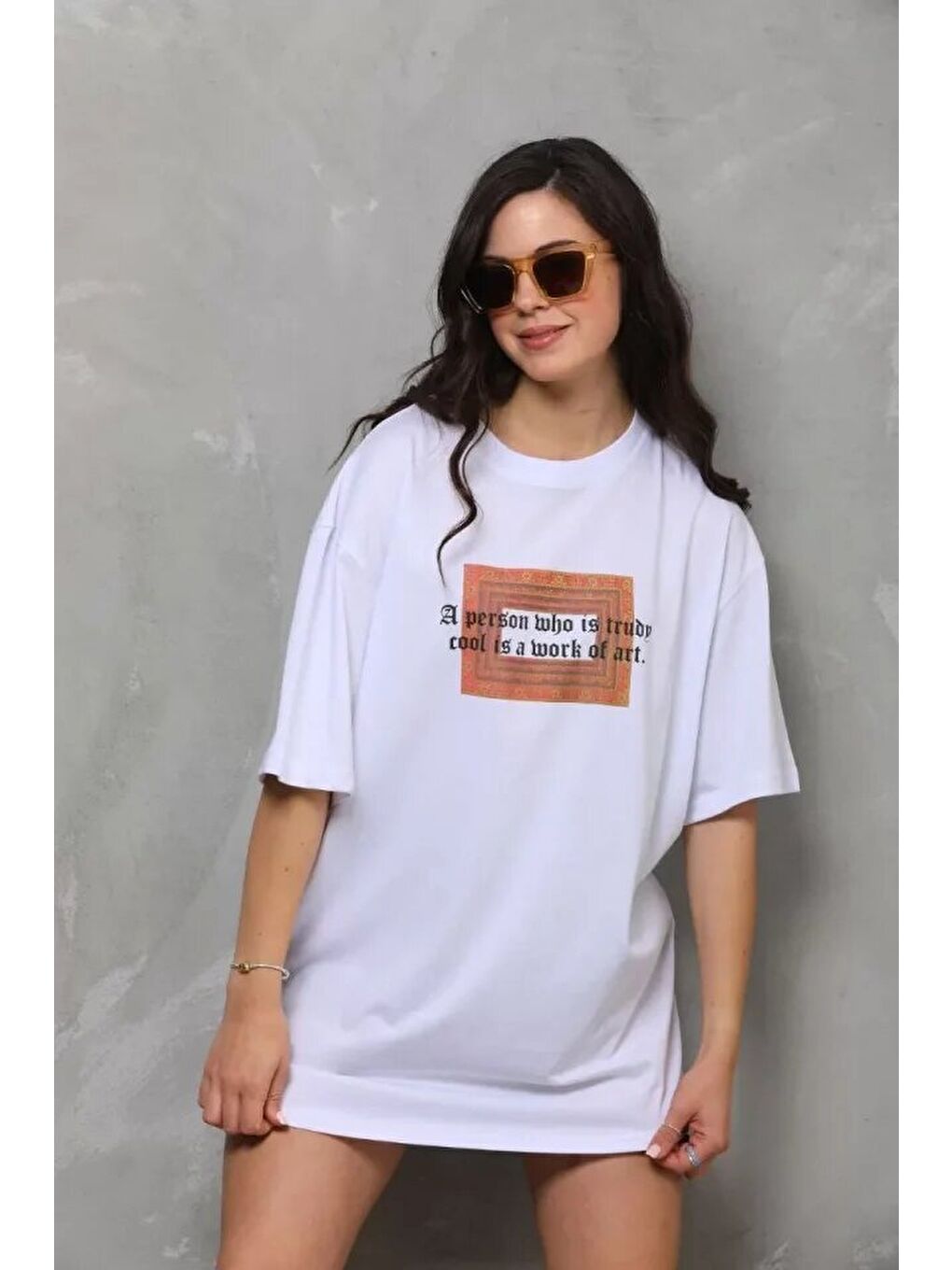 Unisex Bisiklet Yaka Baskılı Oversize T-Shirt - Beyaz-2