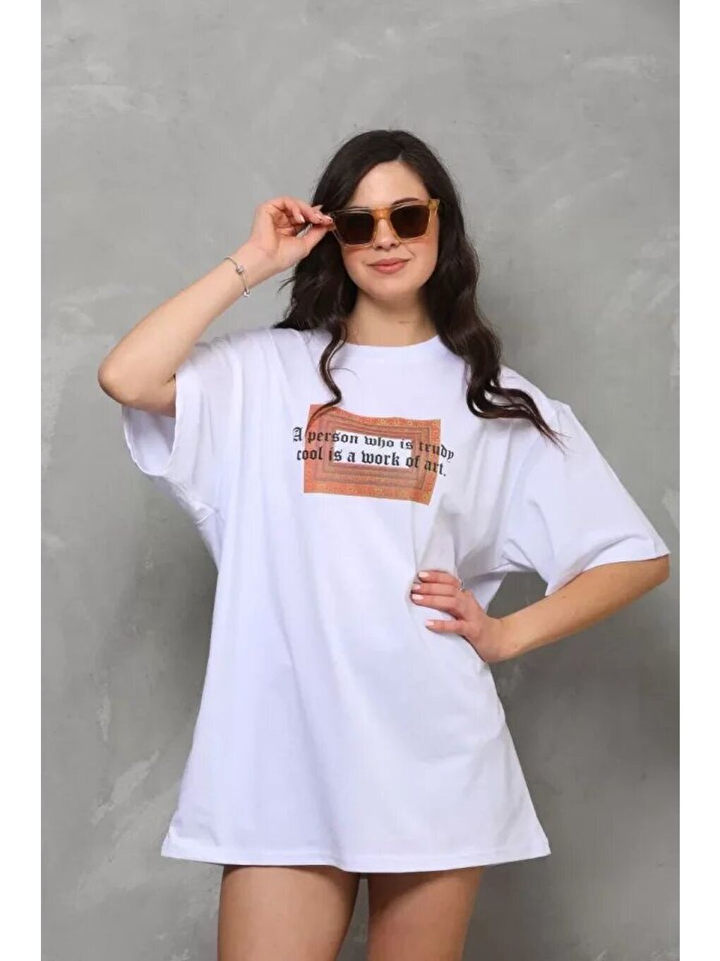 Unisex Bisiklet Yaka Baskılı Oversize T-Shirt - Beyaz-3