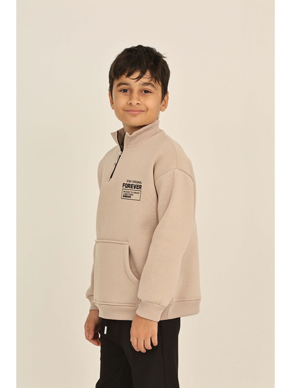 Bej Erkek Çocuk Forever Baskılı Sweatshirt-1