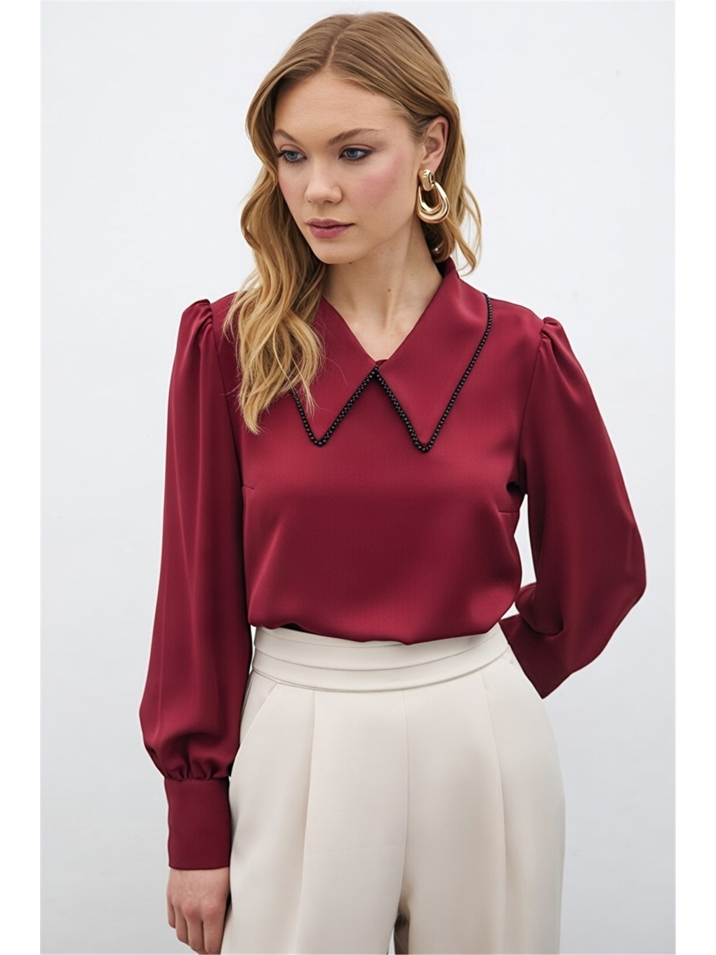 İnci Yakalı Bluz - Bordo-1