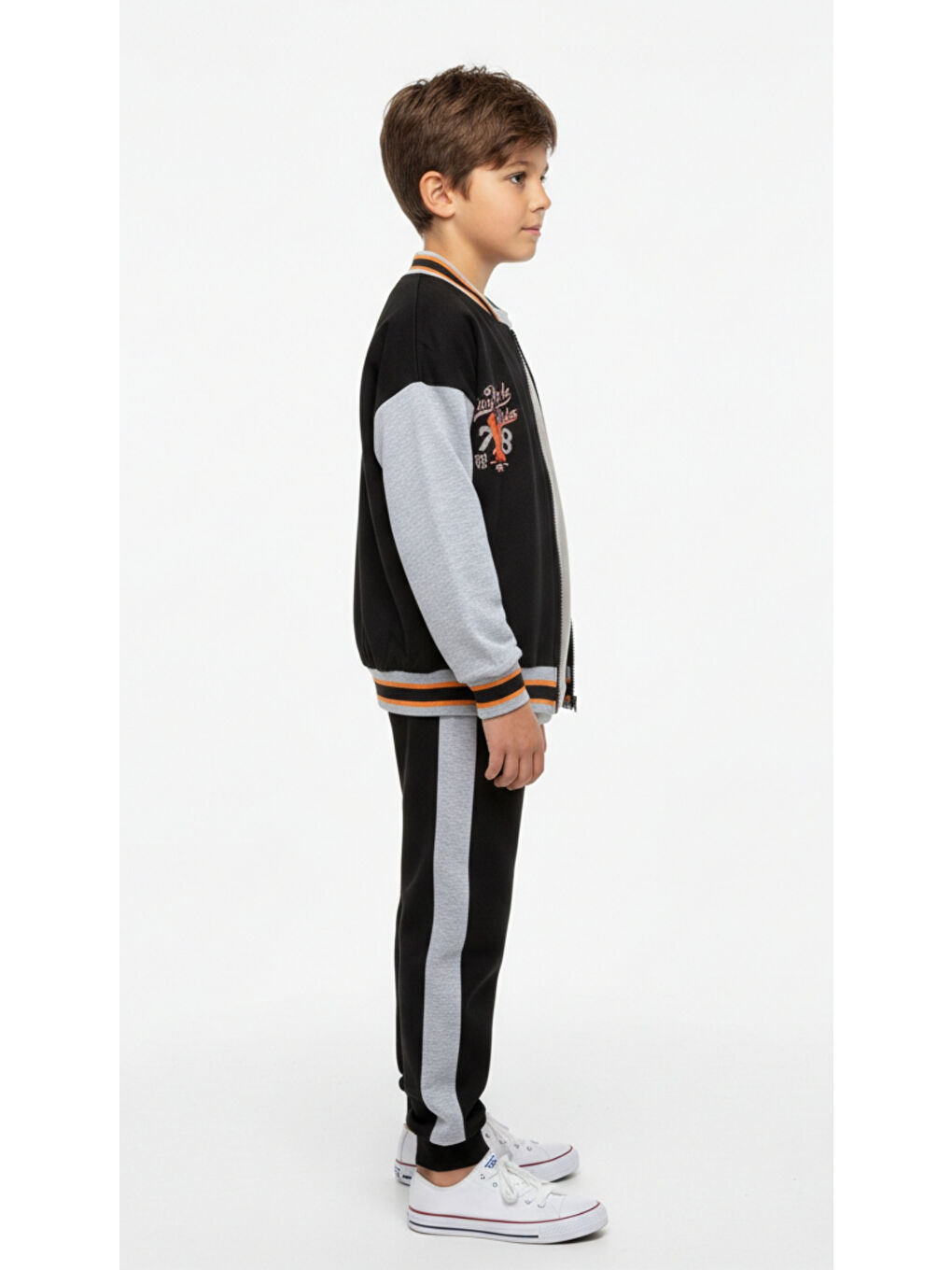 Siyah Erkek Çocuk 2'li Takım Baskılı Kolej Yaka Fermuarlı Sweatshirt & Beli Paçası Lastikli Jogger Eşofma-1