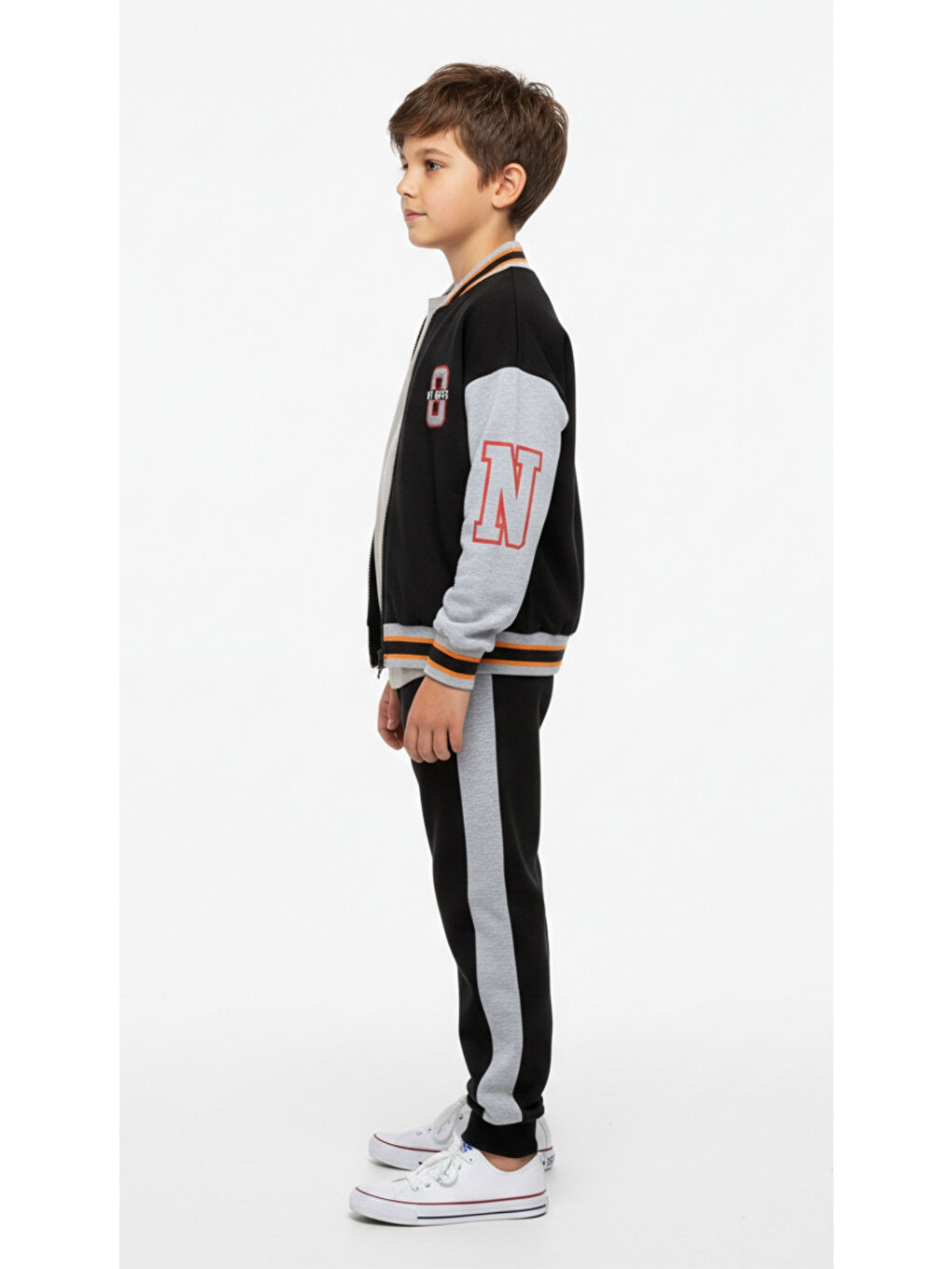 Siyah Erkek Çocuk 2'li Takım Baskılı Kolej Yaka Fermuarlı Sweatshirt & Beli Paçası Lastikli Jogger Eşofma-2