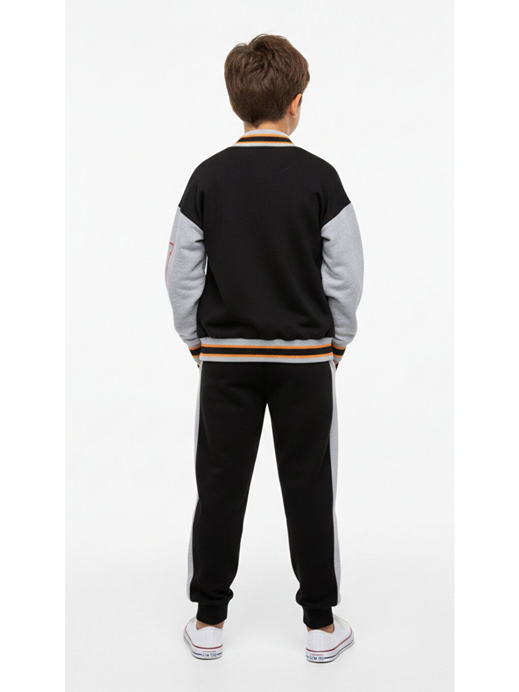 Siyah Erkek Çocuk 2'li Takım Baskılı Kolej Yaka Fermuarlı Sweatshirt & Beli Paçası Lastikli Jogger Eşofma-3