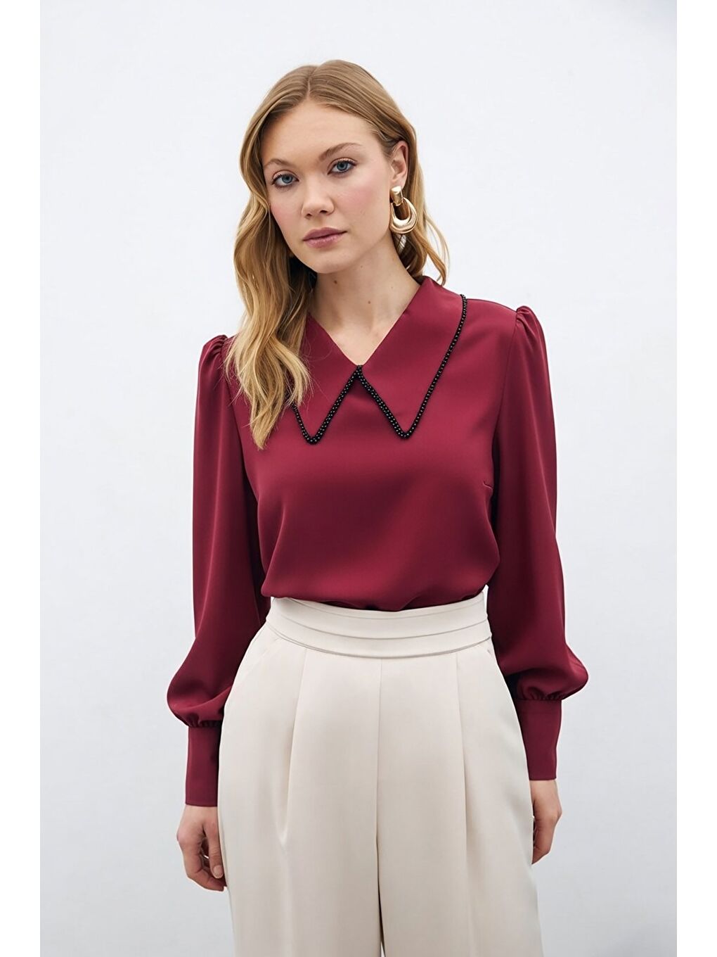 İnci Yakalı Bluz - Bordo-2
