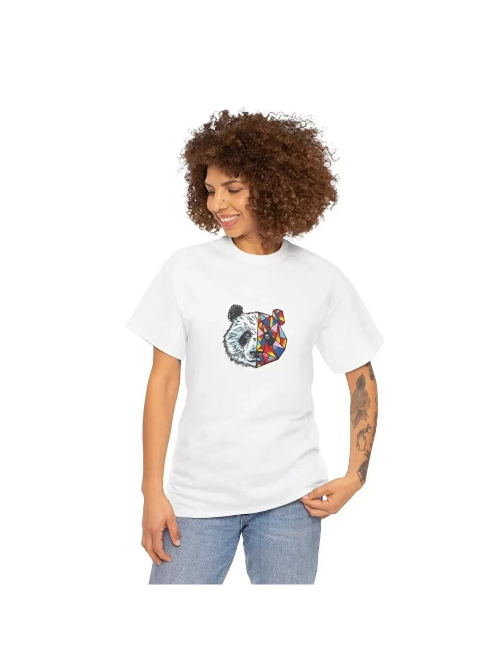 Unisex Bisiklet Yaka Baskılı T-Shirt - Beyaz