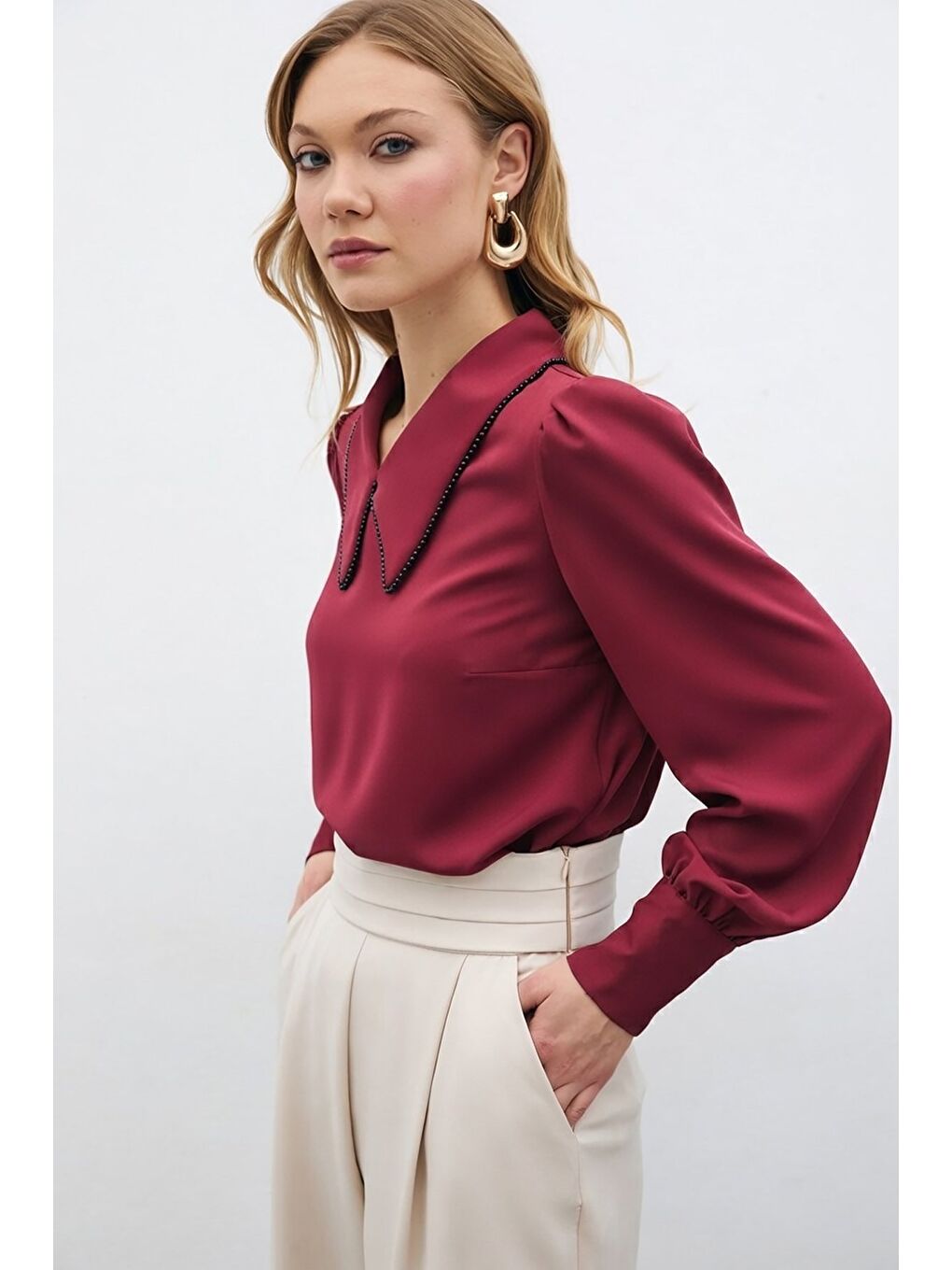 İnci Yakalı Bluz - Bordo-4