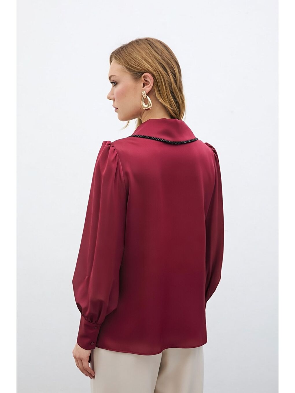 İnci Yakalı Bluz - Bordo-5
