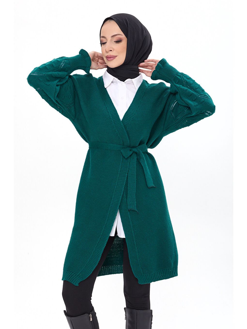 Yeşil Kemerli Kolu İşlemeli Triko Hırka Zumrut - 27631