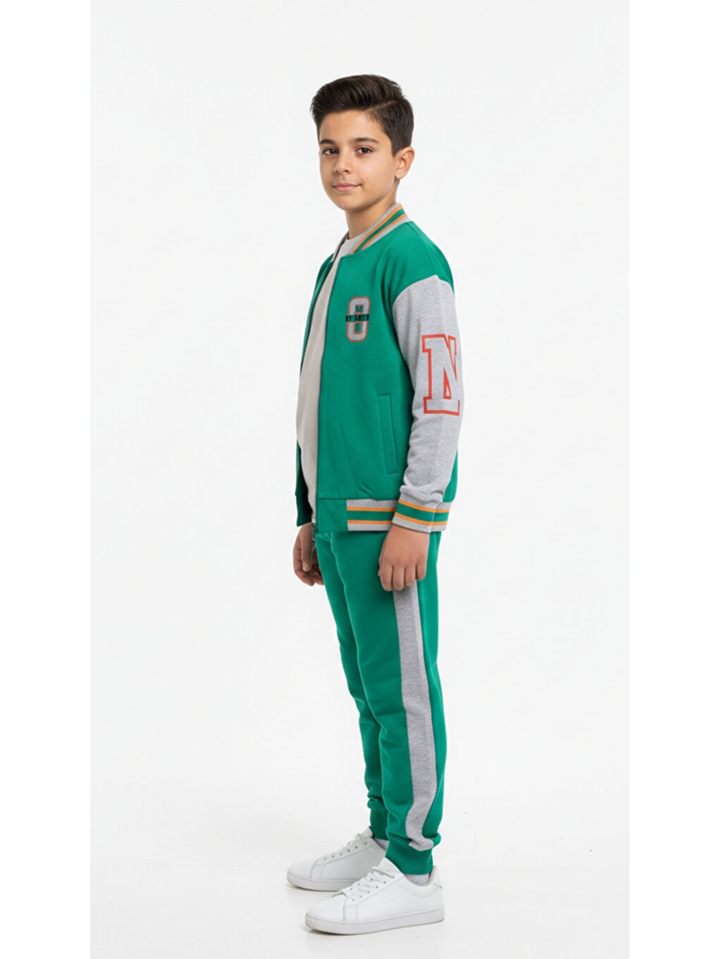 Gri Erkek Çocuk 2'li Takım Baskılı Kolej Yaka Fermuarlı Sweatshirt & Beli Paçası Lastikli Jogger Eşofma-1