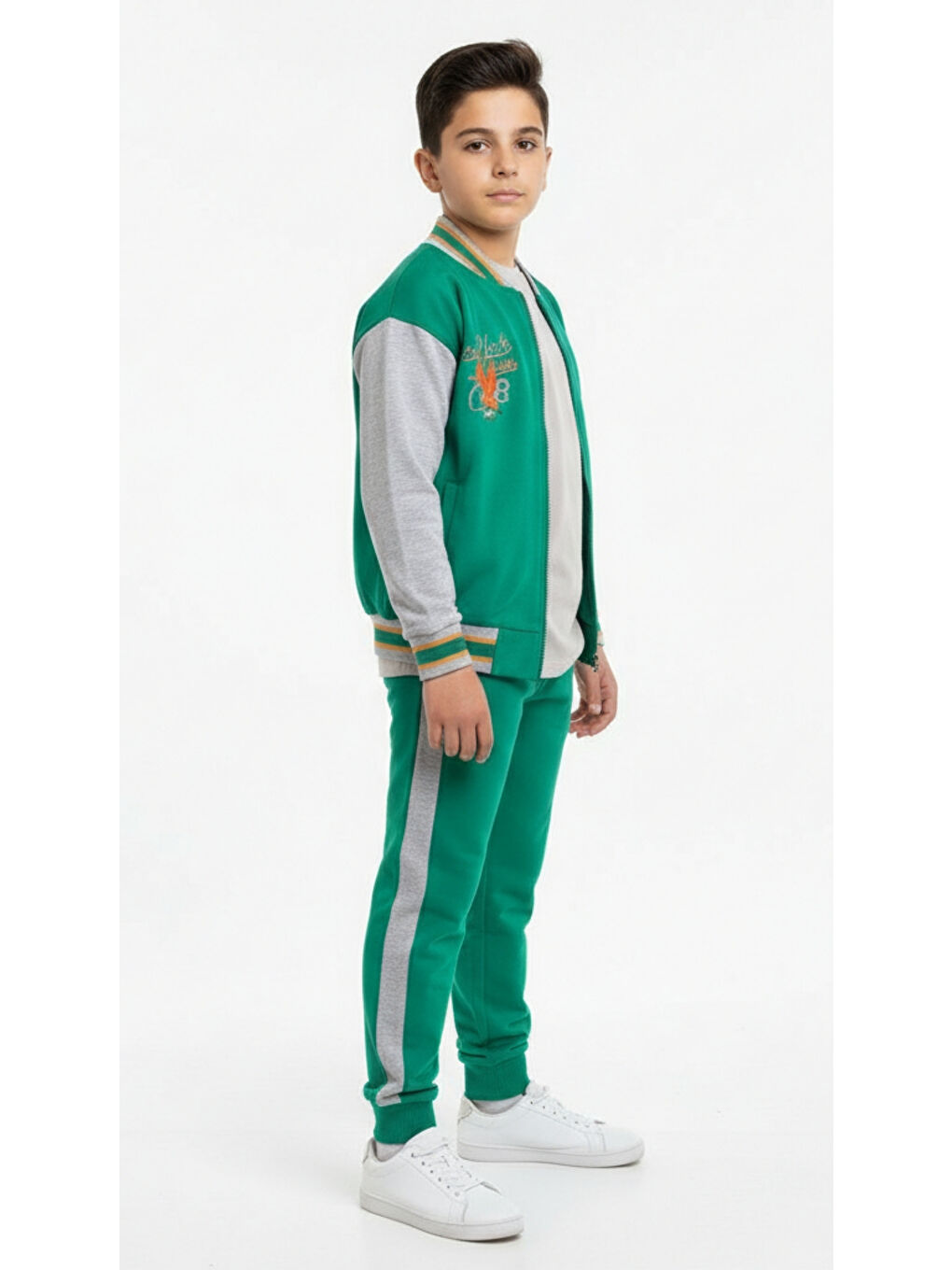 Gri Erkek Çocuk 2'li Takım Baskılı Kolej Yaka Fermuarlı Sweatshirt & Beli Paçası Lastikli Jogger Eşofma-2