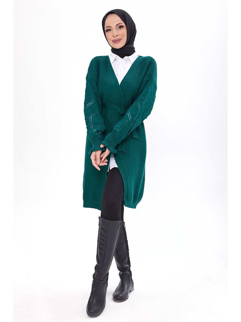 Yeşil Kemerli Kolu İşlemeli Triko Hırka Zumrut - 27631-1