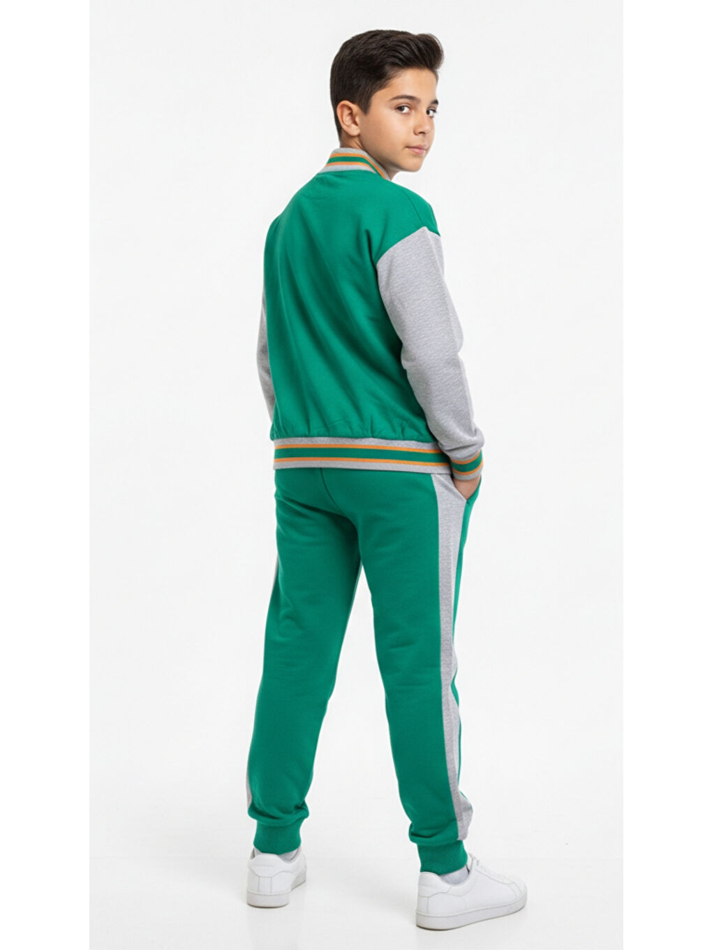 Gri Erkek Çocuk 2'li Takım Baskılı Kolej Yaka Fermuarlı Sweatshirt & Beli Paçası Lastikli Jogger Eşofma-3