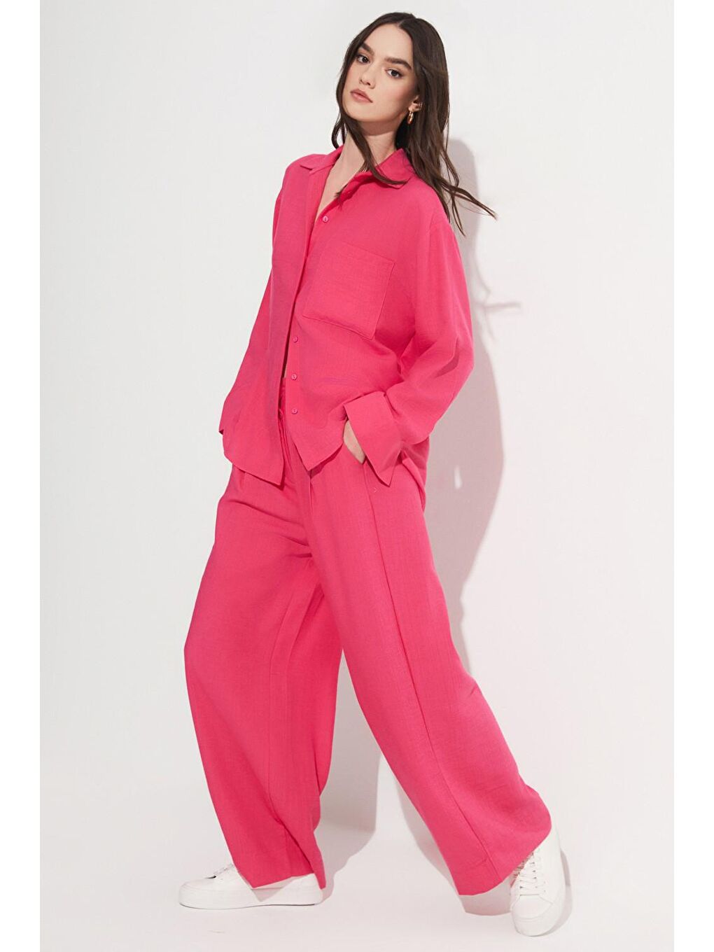 Fuşya Bol Kesim %100 Keten Gömlek Pantolon Takım