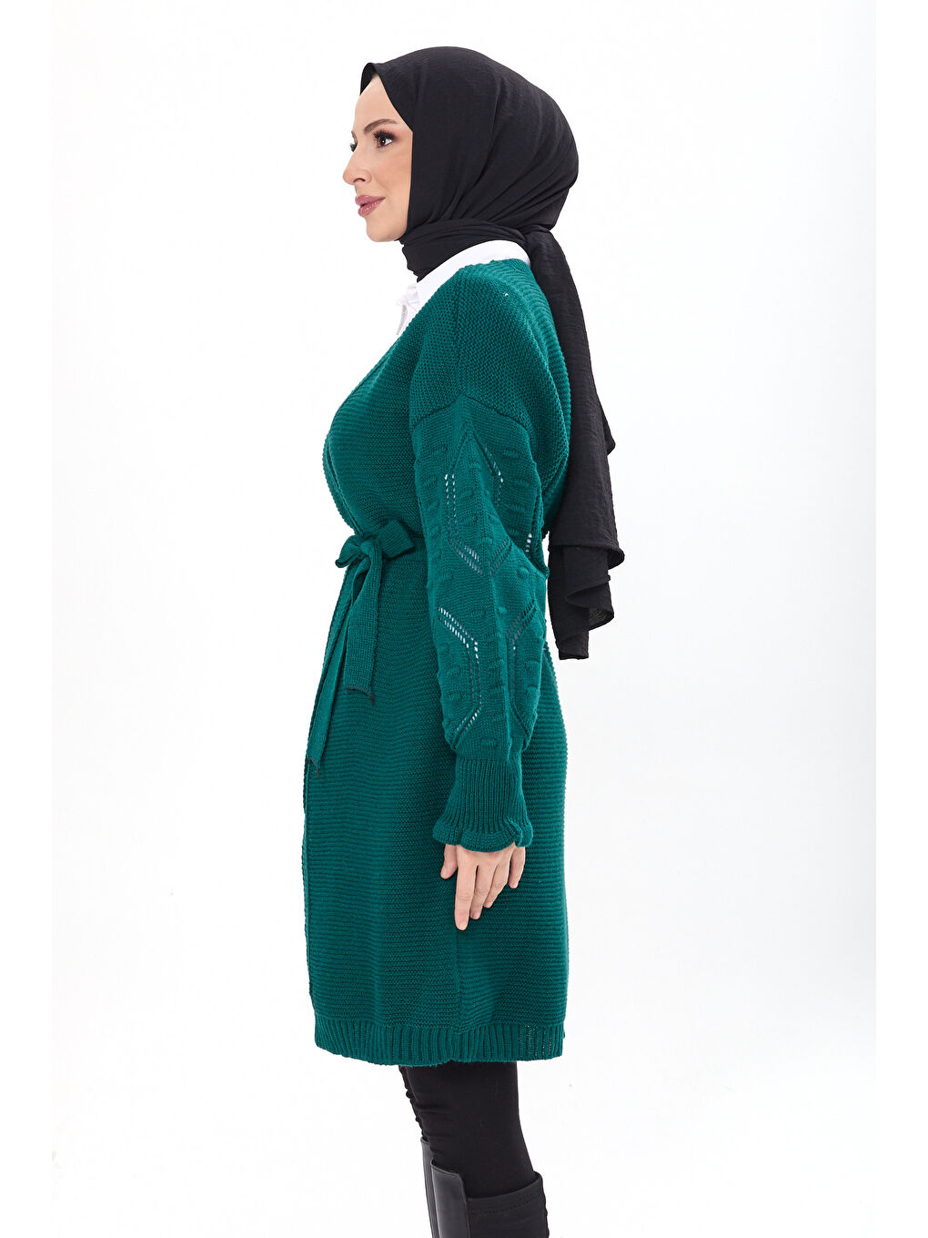 Yeşil Kemerli Kolu İşlemeli Triko Hırka Zumrut - 27631-2