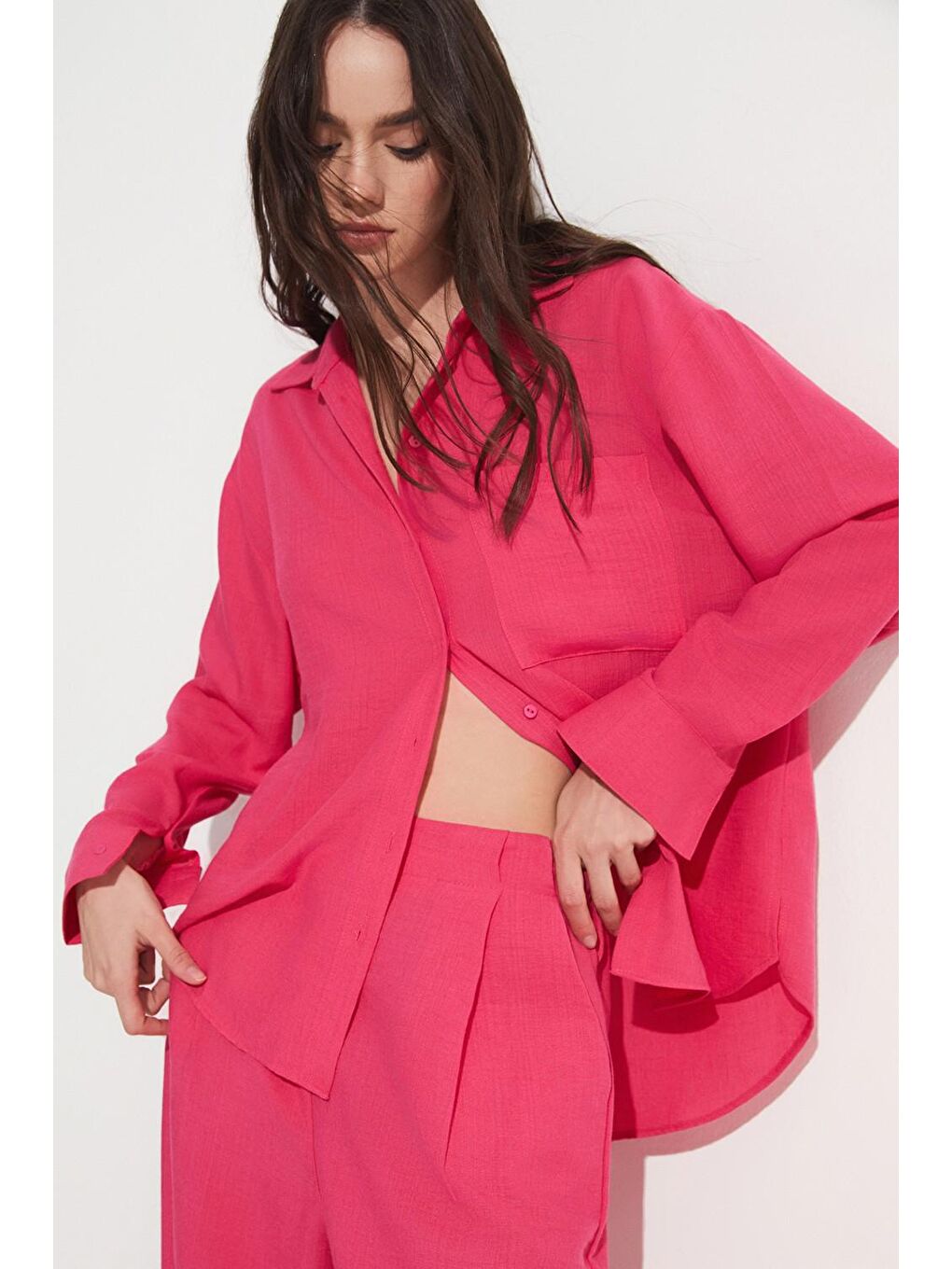 Fuşya Bol Kesim %100 Keten Gömlek Pantolon Takım-1