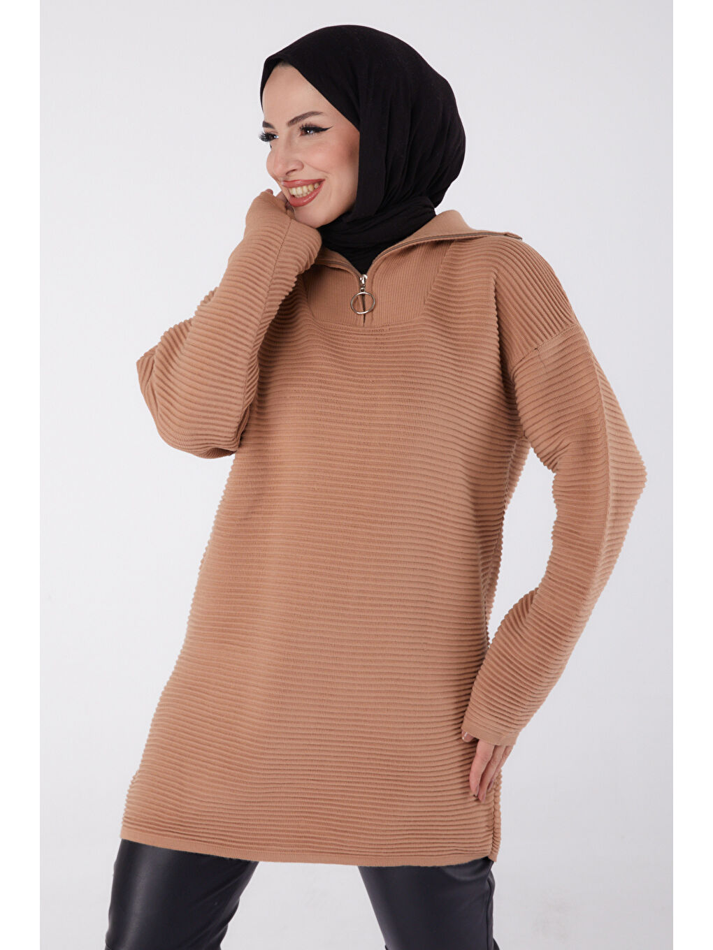 Bej Fitili Fermuarlı Triko Kazak Vizon - 27632