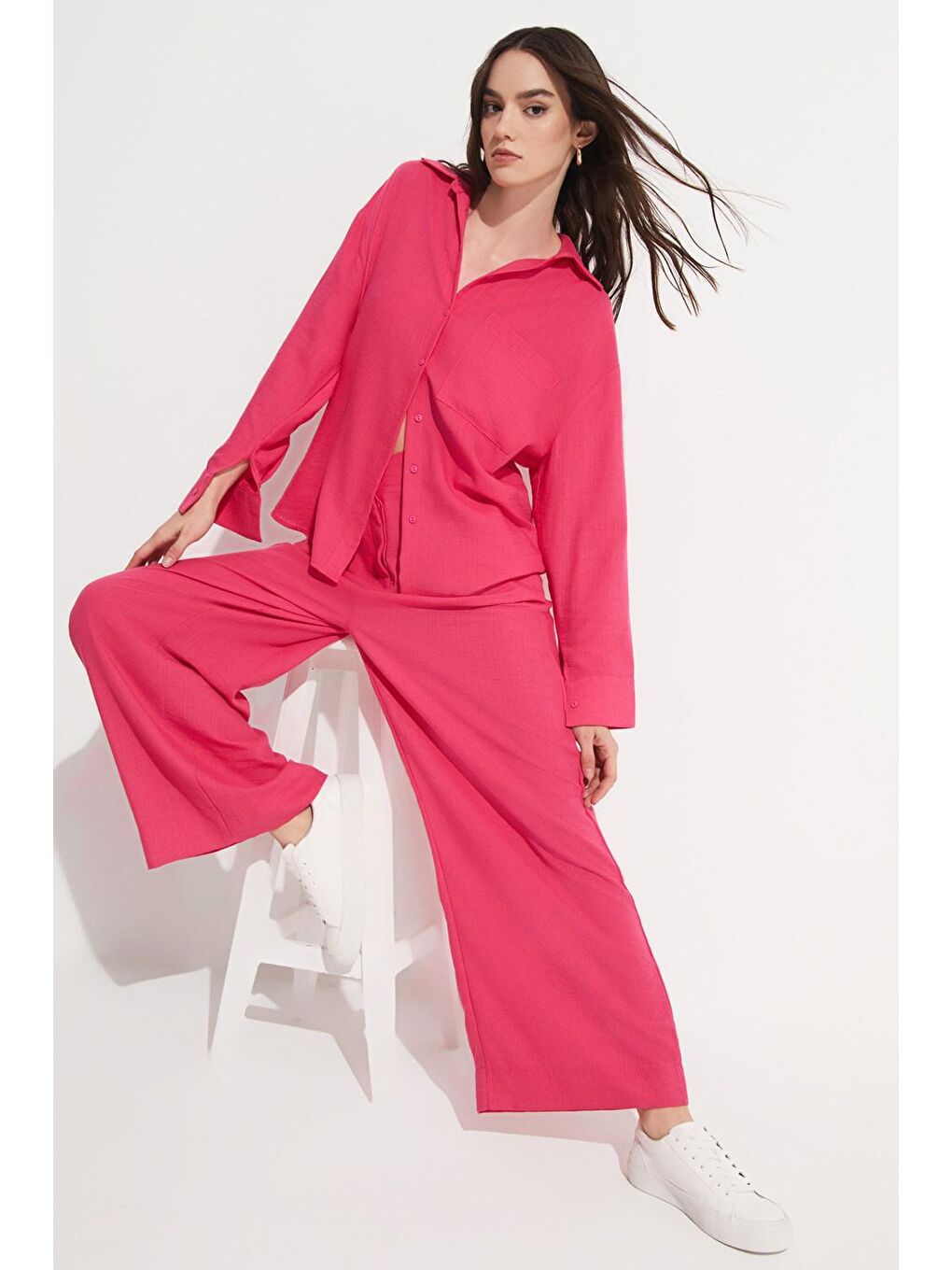 Fuşya Bol Kesim %100 Keten Gömlek Pantolon Takım-2