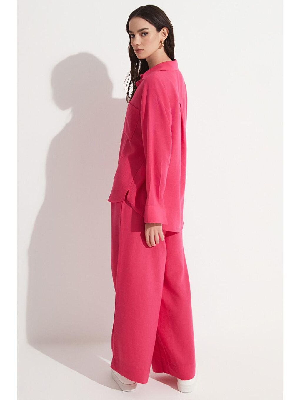Fuşya Bol Kesim %100 Keten Gömlek Pantolon Takım-3
