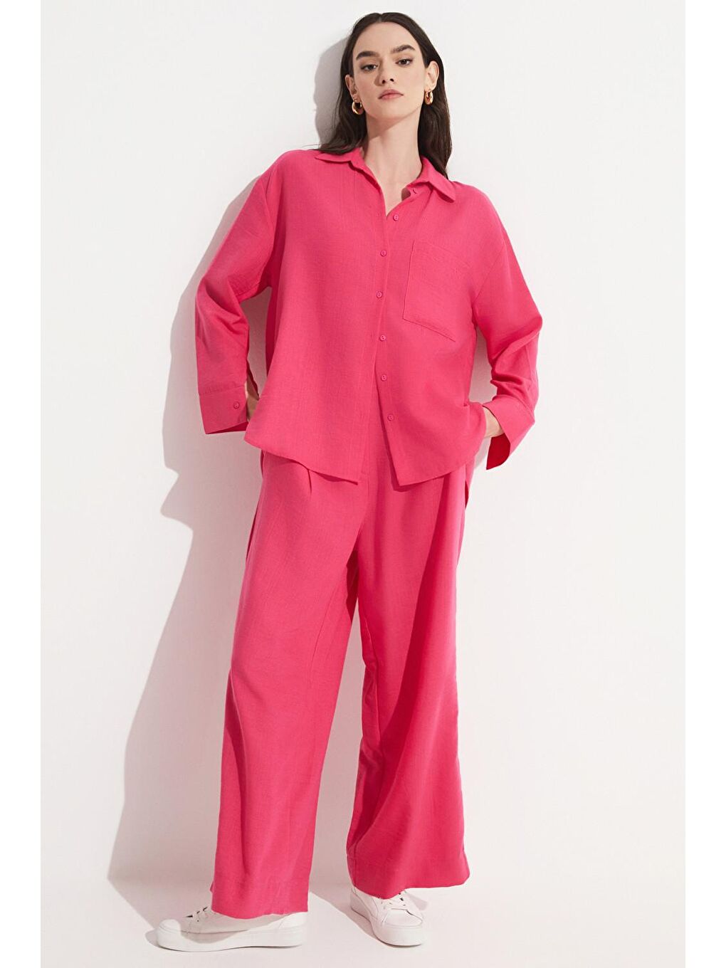 Fuşya Bol Kesim %100 Keten Gömlek Pantolon Takım-4