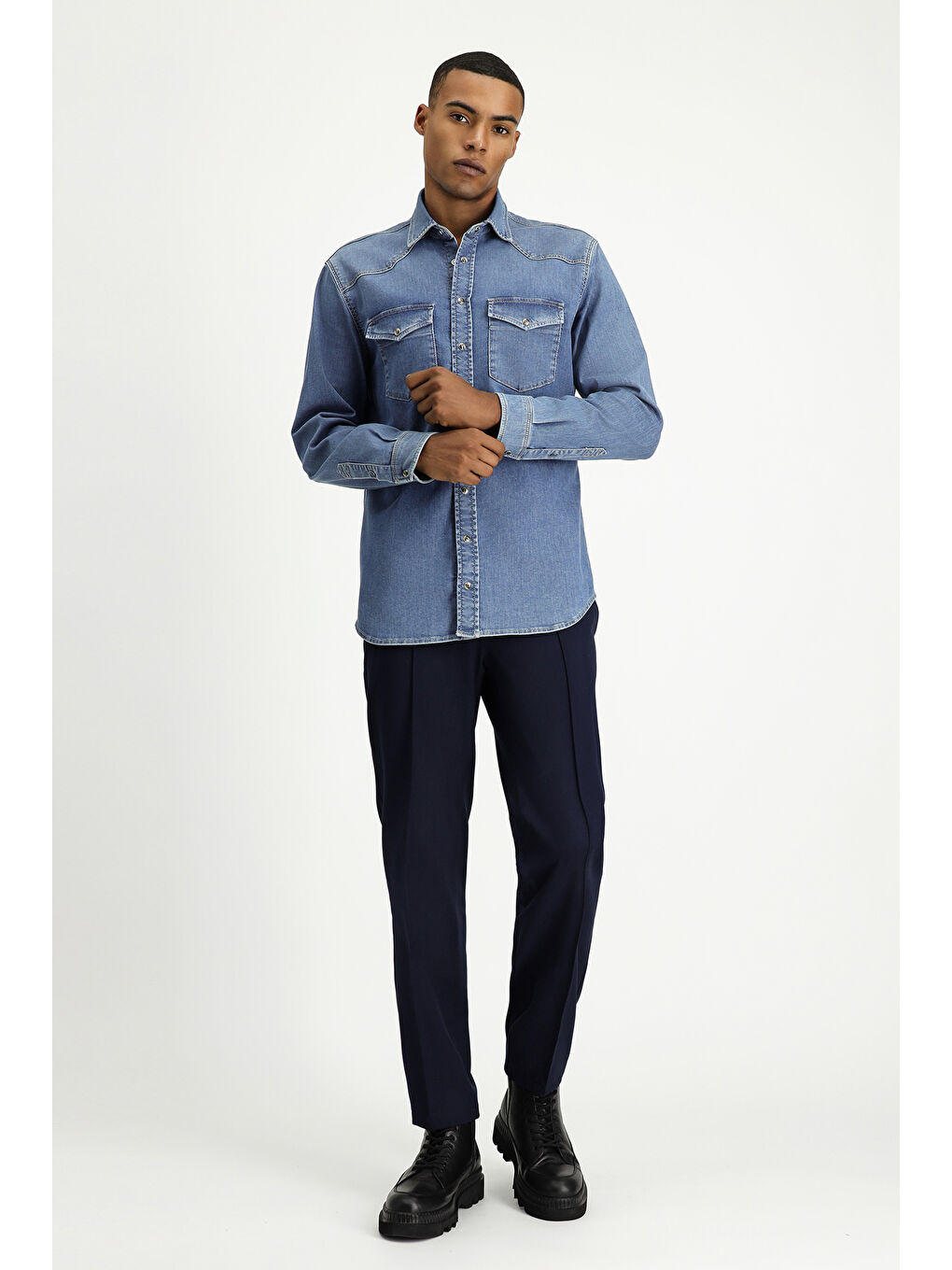Lacivert Uzun Kol Regular Fit Pamuklu Denim Gömlek-1