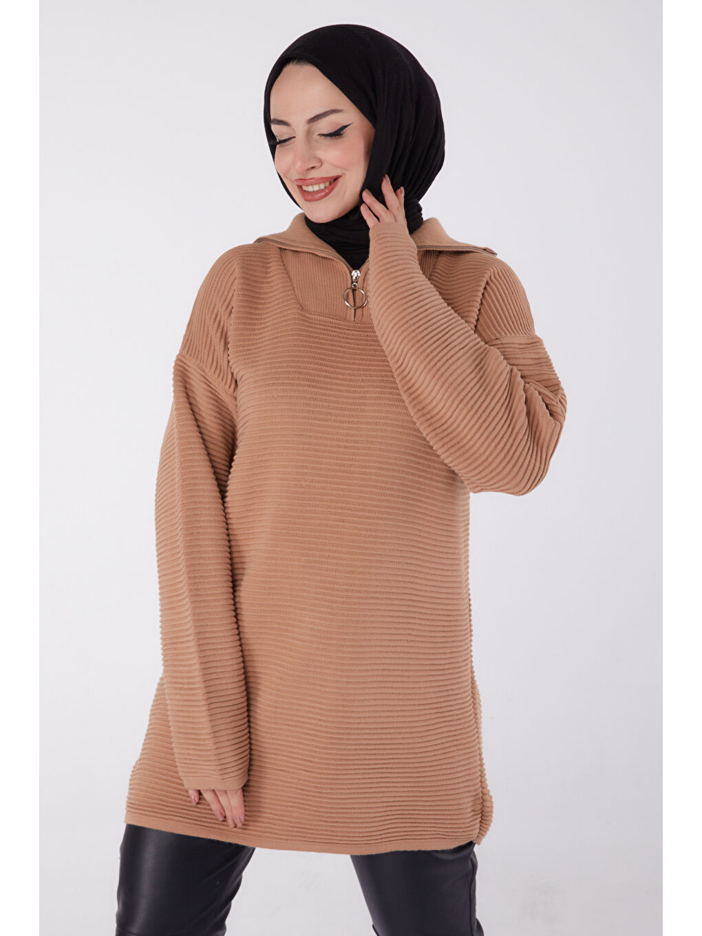 Bej Fitili Fermuarlı Triko Kazak Vizon - 27632-1