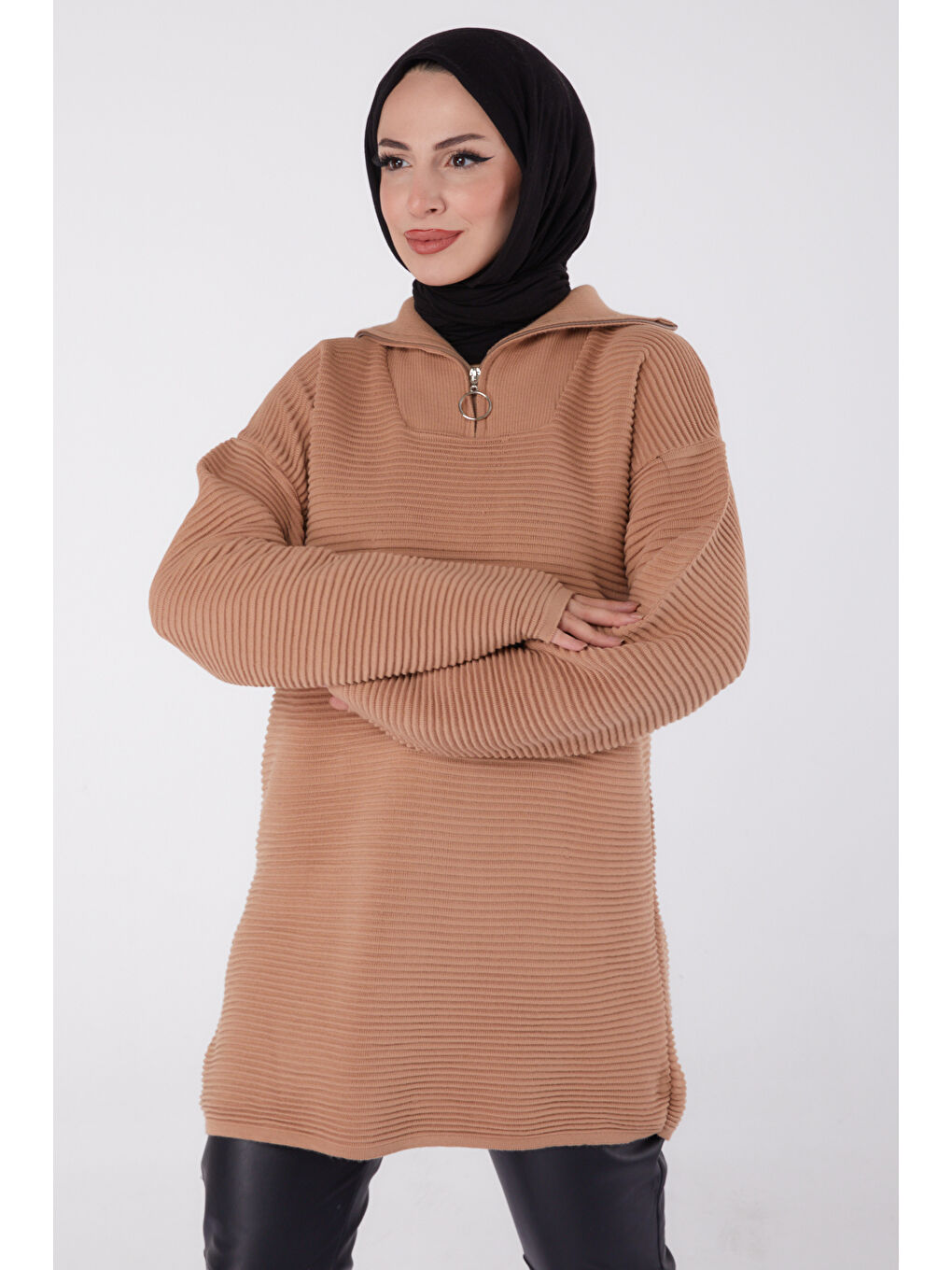 Bej Fitili Fermuarlı Triko Kazak Vizon - 27632-2